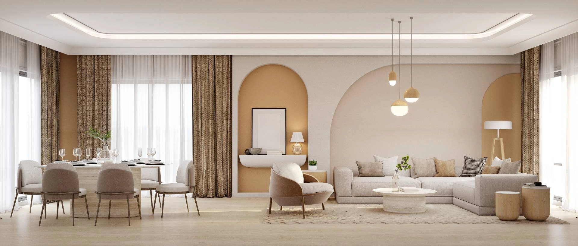 A warm living room and dining room with layered and trendy window treatments on expansive windows