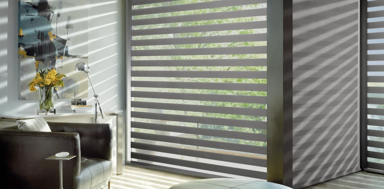 Hunter Douglas Designer Banded Shades covering a window in a home office near Fairfax, VA
