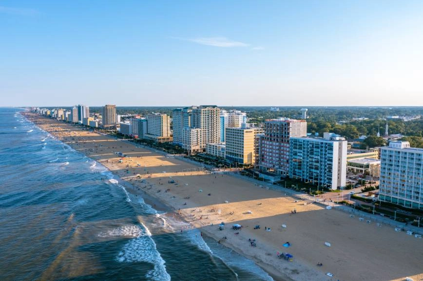 The cityscape and beaches of Virginia Beach, VA, where AAA Blind & Shade Factory is located
