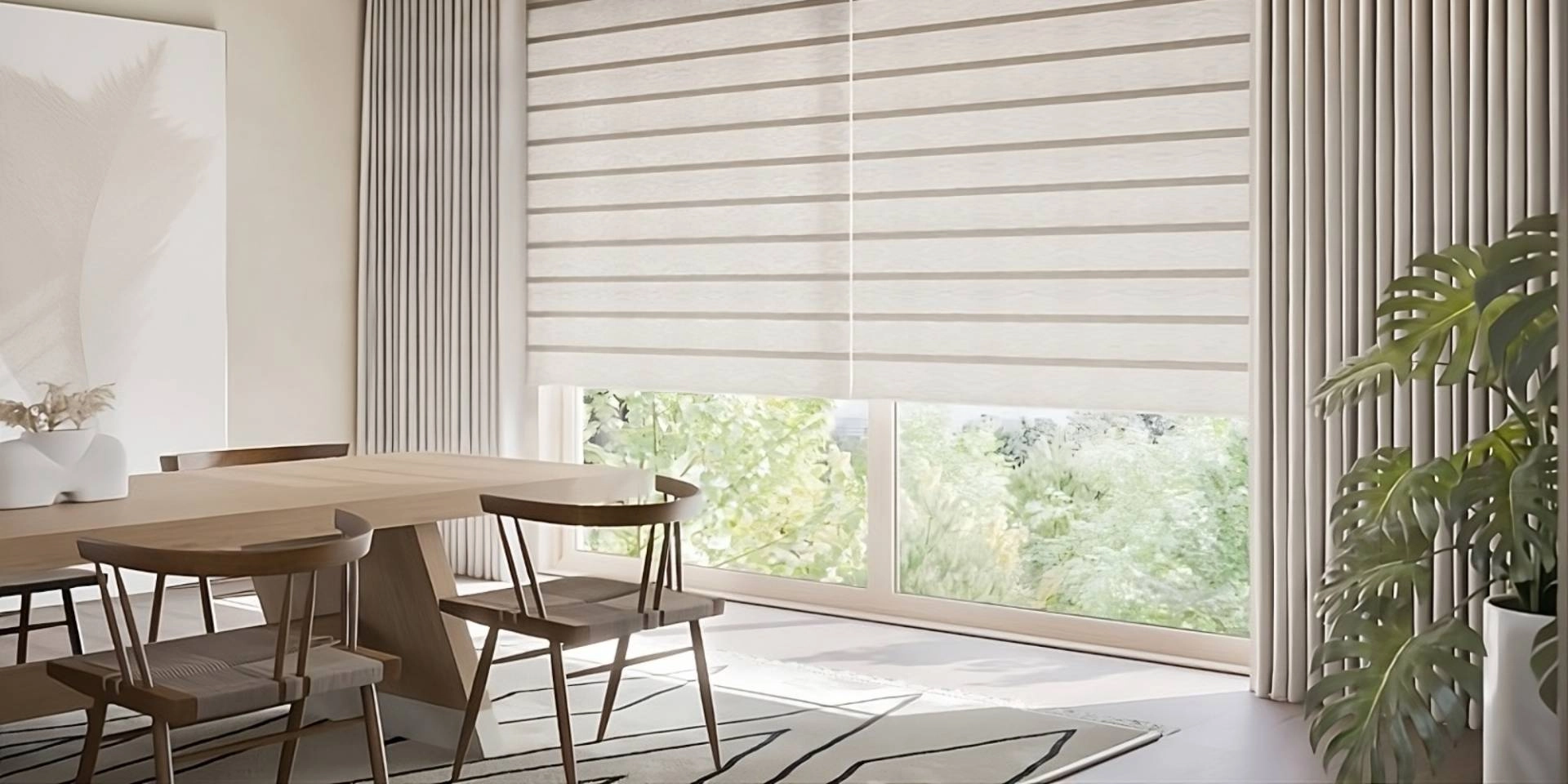 Elegant dining room shades near Concord, MA, from Hunter Douglas on an expansive window