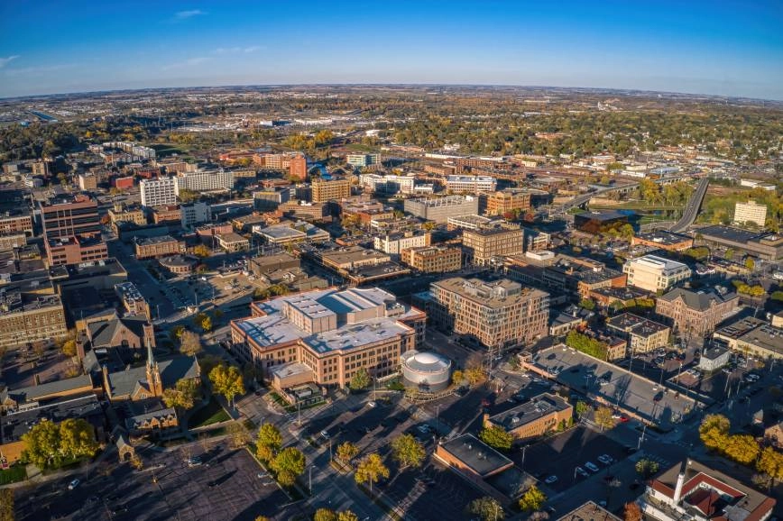 Aerial view of Sioux Falls, SD, during autumn near Sioux Falls, SD