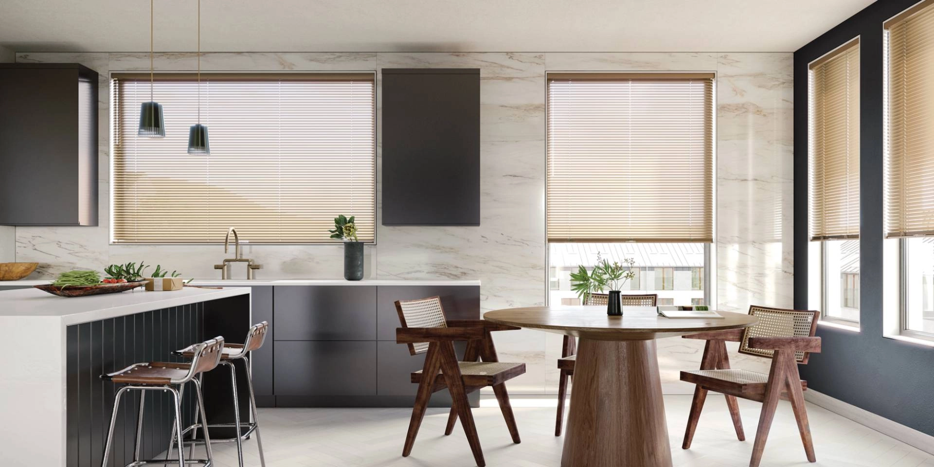Hunter Douglas Modern Precious Metals® Mini Blinds as kitchen blinds in a modern and sleek space