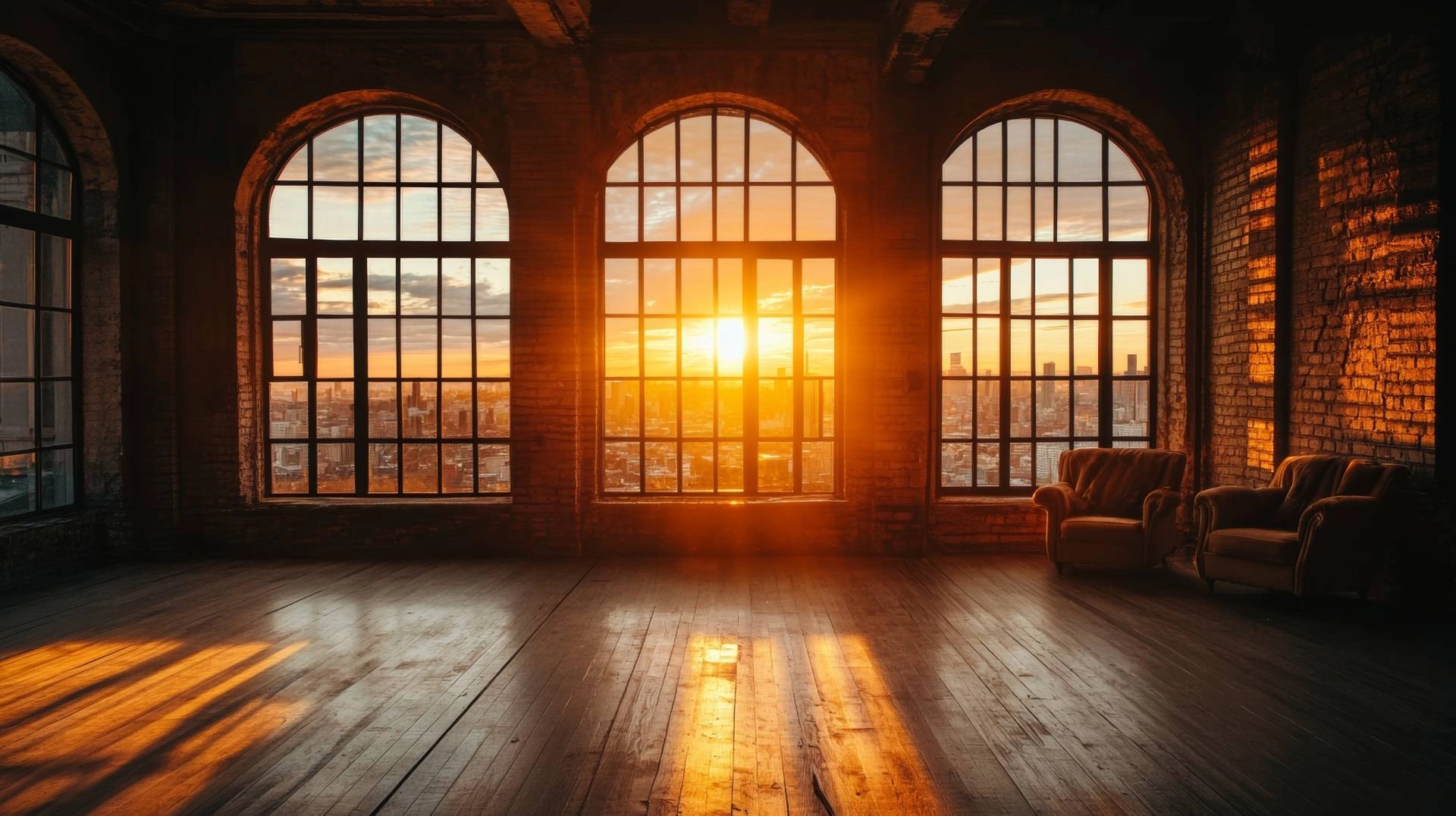 An industrial-style loft with large arched windows and wood floors near Boone, North Carolina.