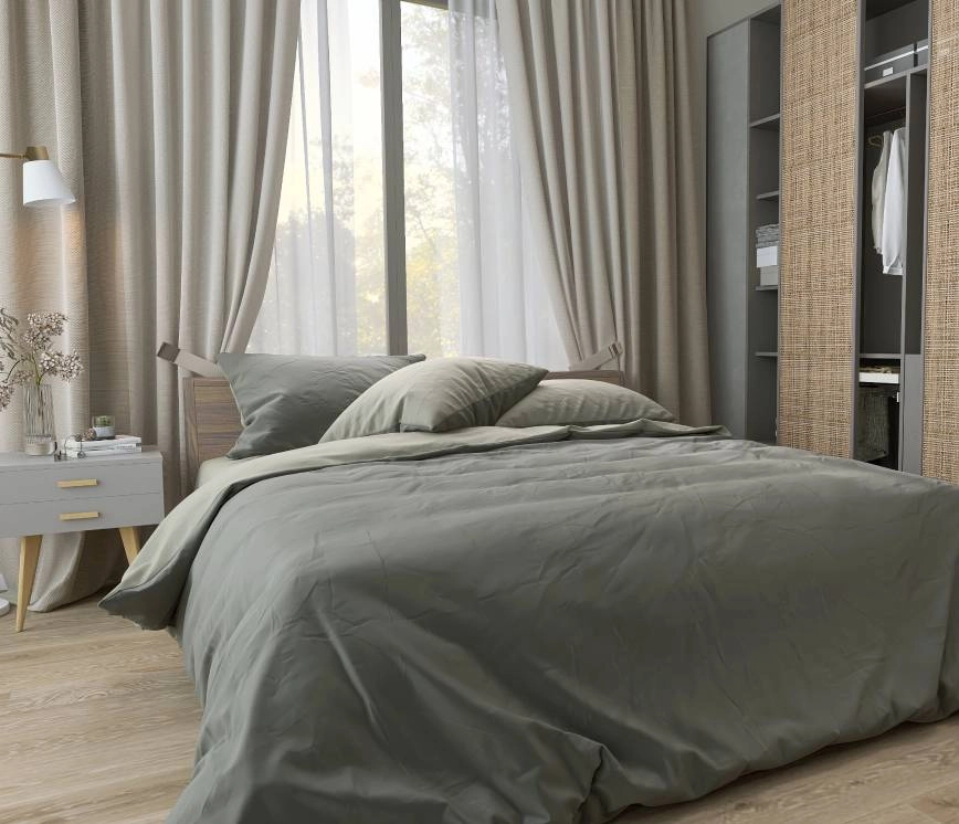 Custom drapery blocking light in a boho-chic primary bedroom.