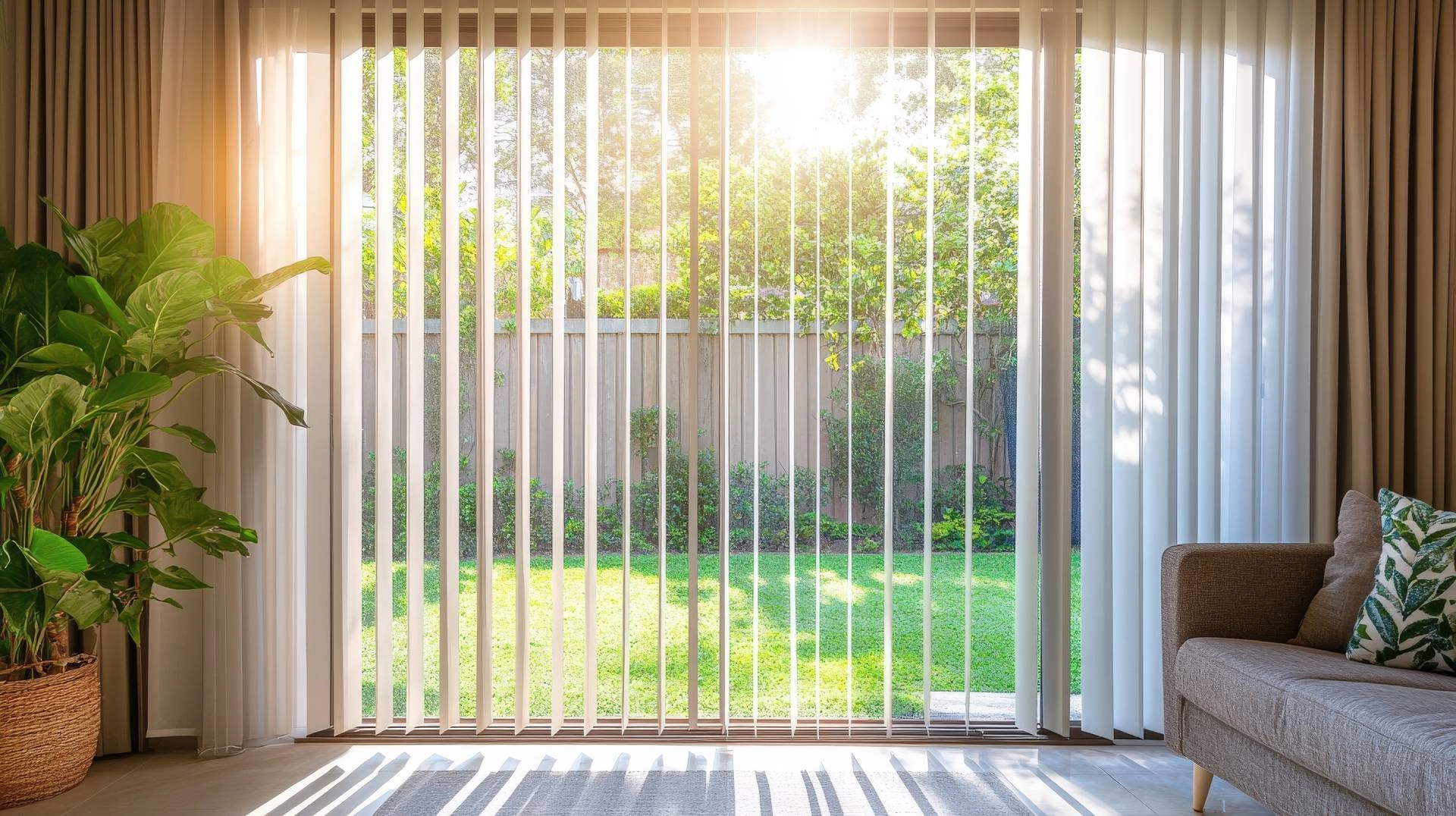 Vertical blinds on a large sliding glass door to a backyard space near Cape Coral, FL