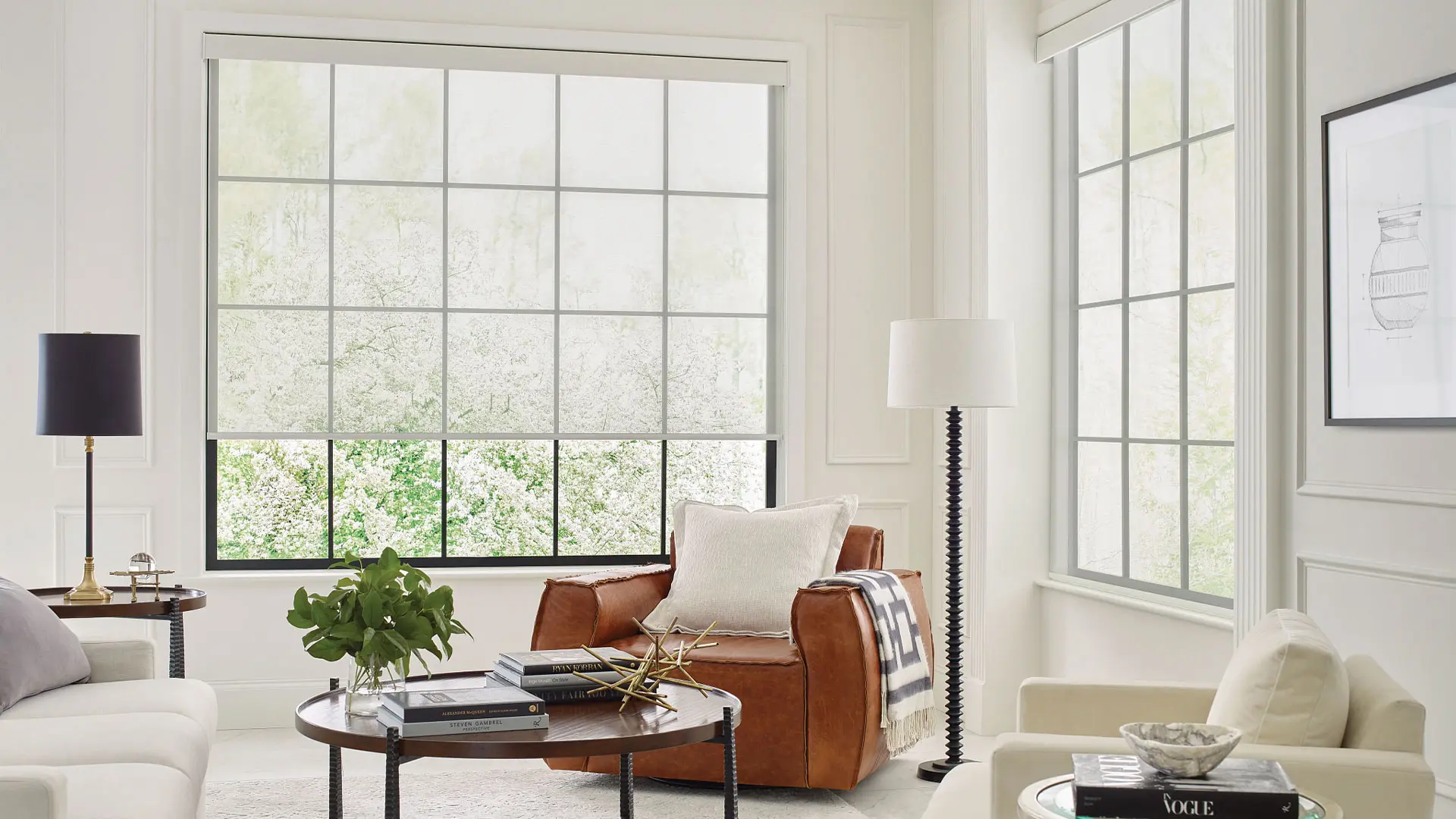 Living room with windows and hunter Douglas shades.
