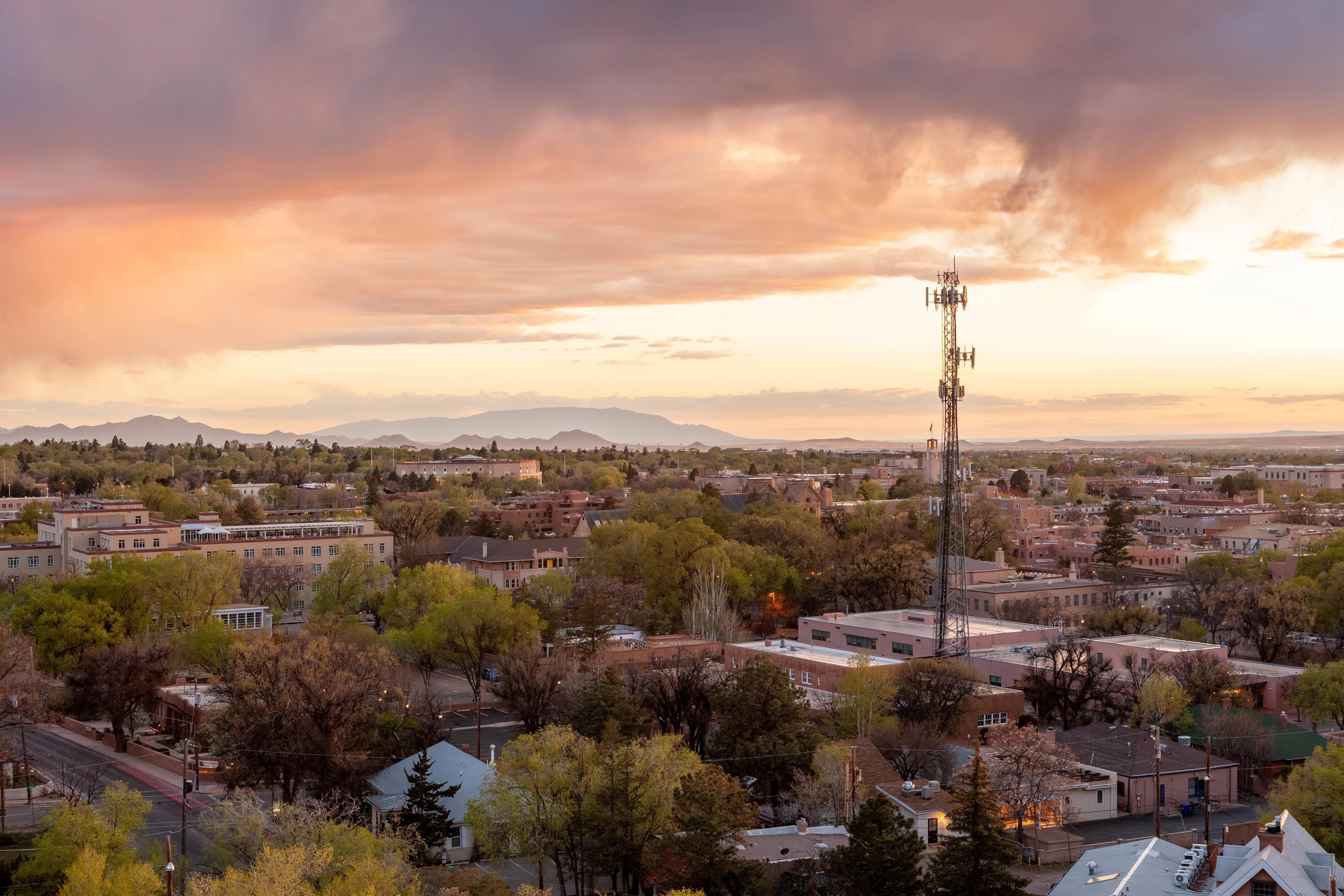 An aerial image of downtown Santa Fe, New Mexico (NM)