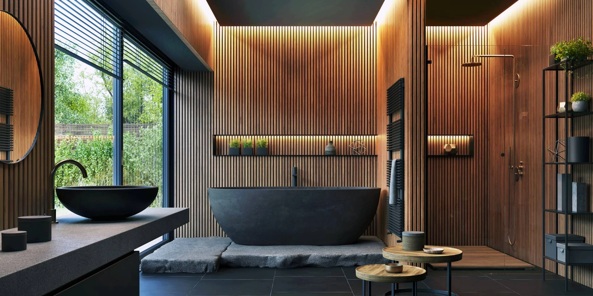 Bathroom interior design with matte black bath, modern shower, and window blinds