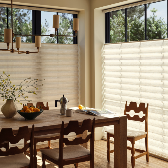 Dining Room with Hunter Douglas window coverings.