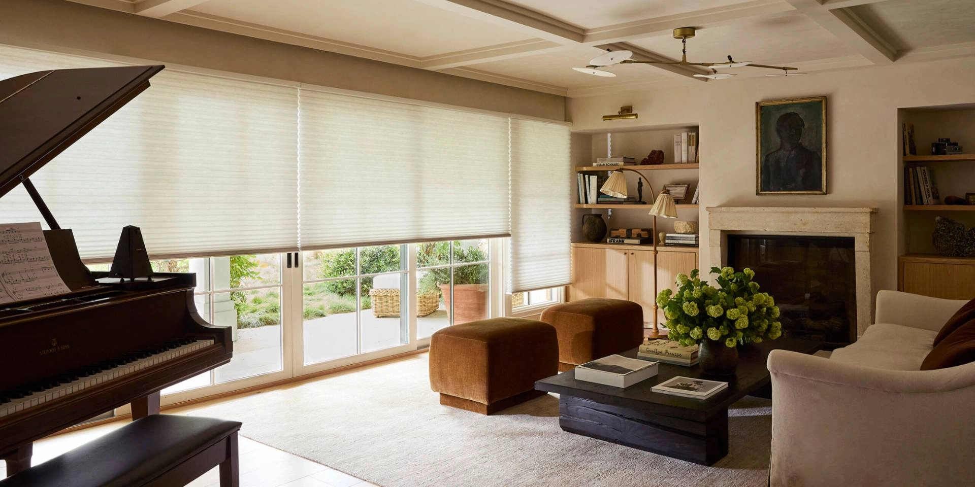 Chic Hunter Douglas Duette® Cellular Shades as energy-efficient window treatments in a living room