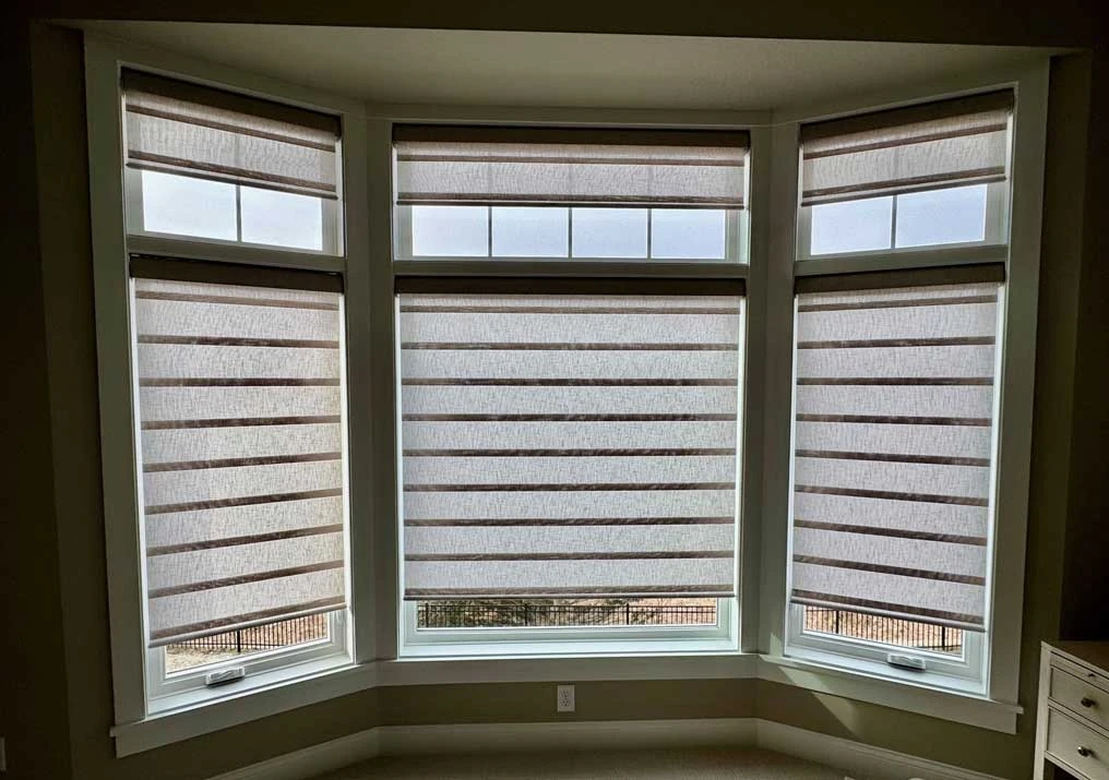 Bay windows with Hunter Douglas shades.