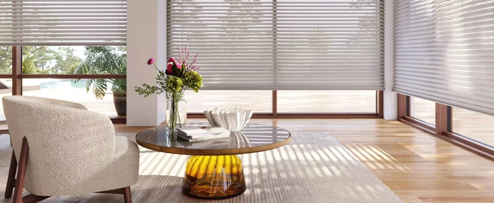 Aria™ Soft Blinds covering multiple windows in a living room near Norwalk, CT