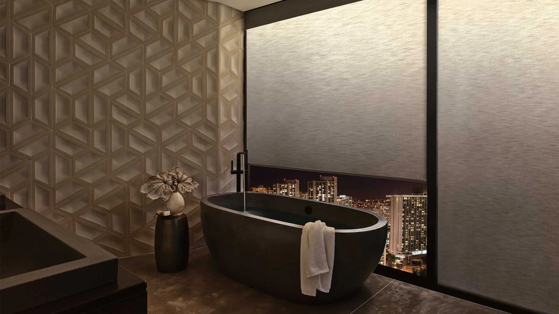 A living room with furniture set in front of windows with Hunter Douglas shades.