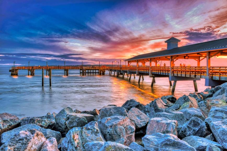 Pier off of Saint Simmons Island in Georgia during dusk.