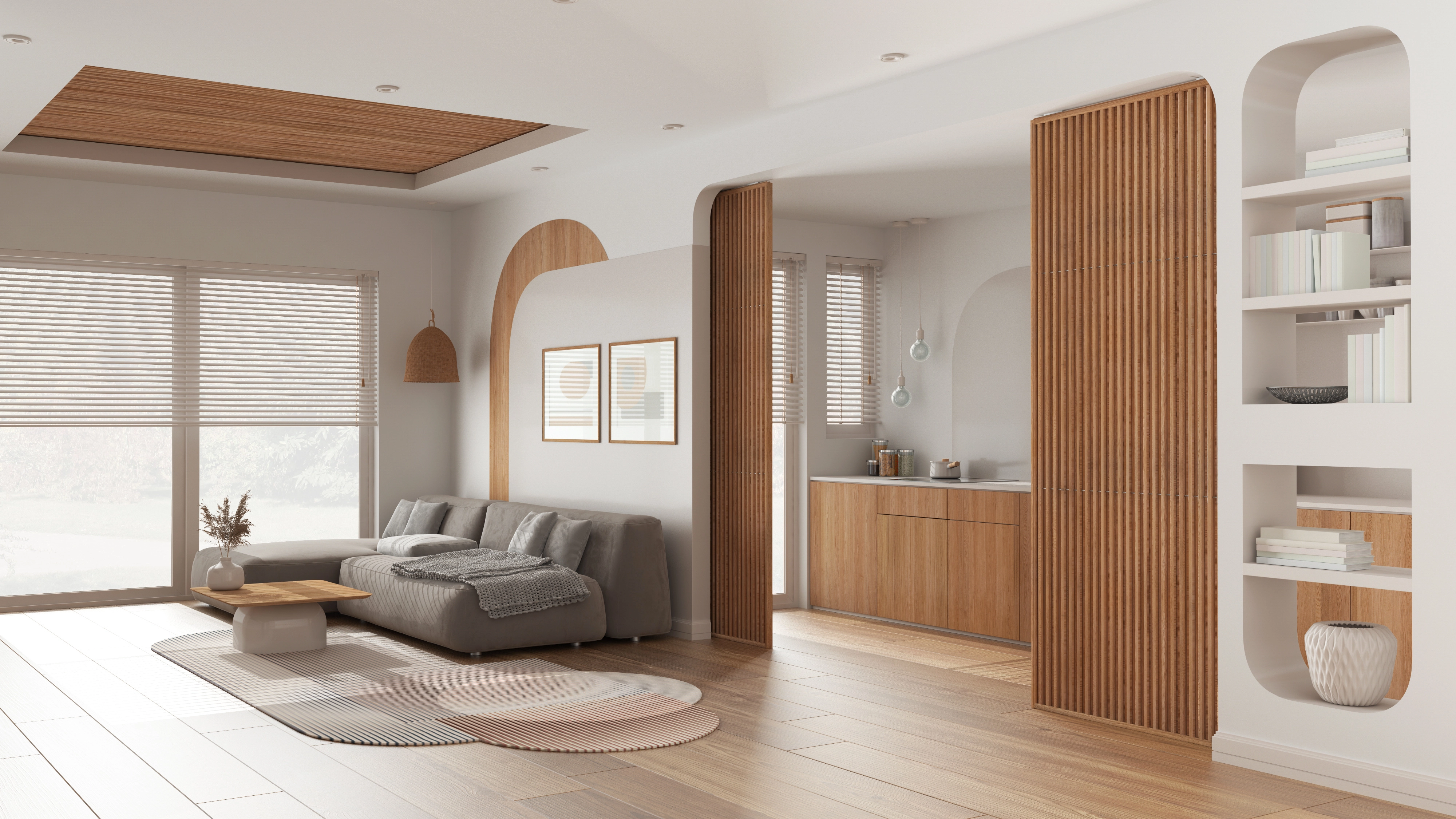 Contemporary living room with sofa, coffee table, and wood blinds near Gresham, OR