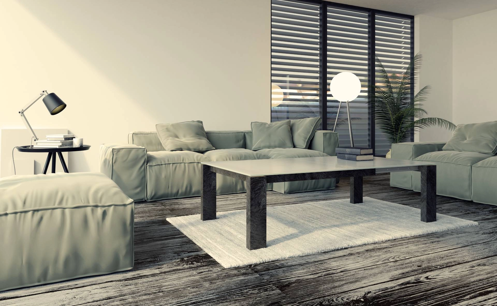 A modern living room with designer banded shades near Phoenix, AZ