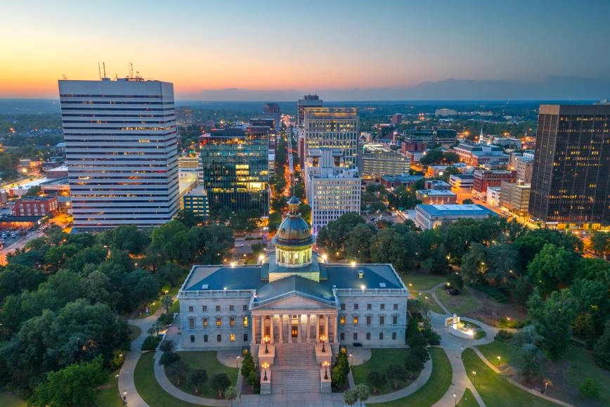 View of downtown Columbia, SC, at dusk.