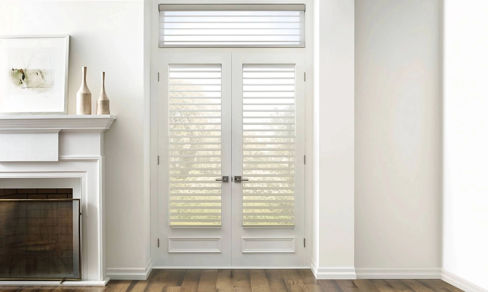 Effective Hunter Douglas Silhouette® Sheer Shades adorning French doors in a chic living room