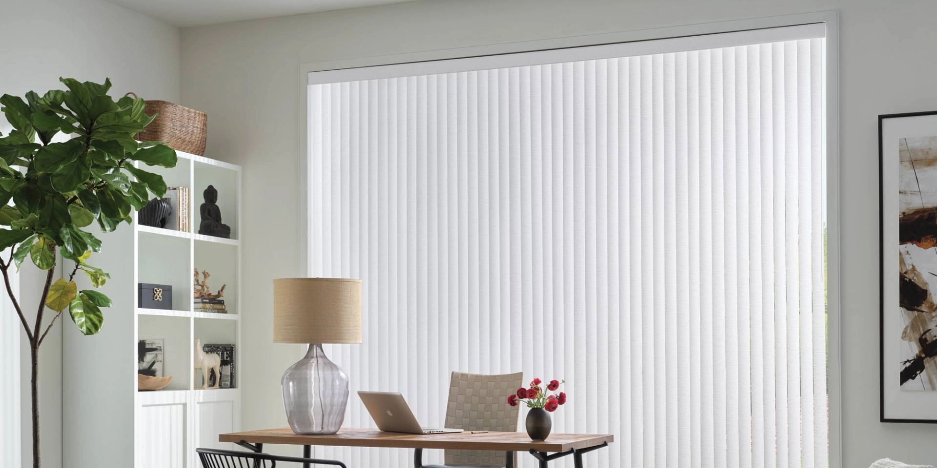 Hunter Douglas Somner® Vertical Blinds as window treatments for large windows in a home office