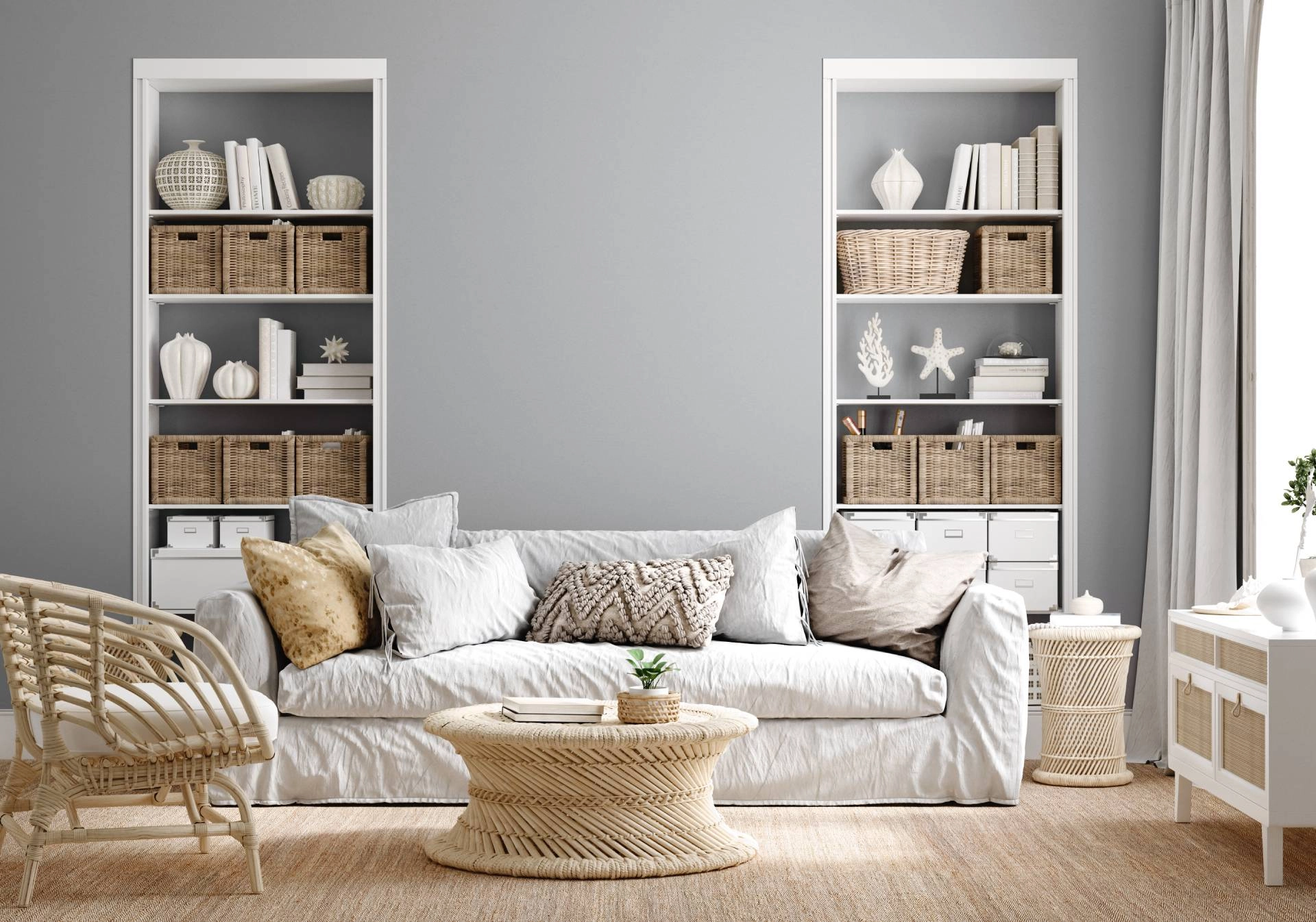 Coastal living room with flowing white drapery near Silver Spring, MD