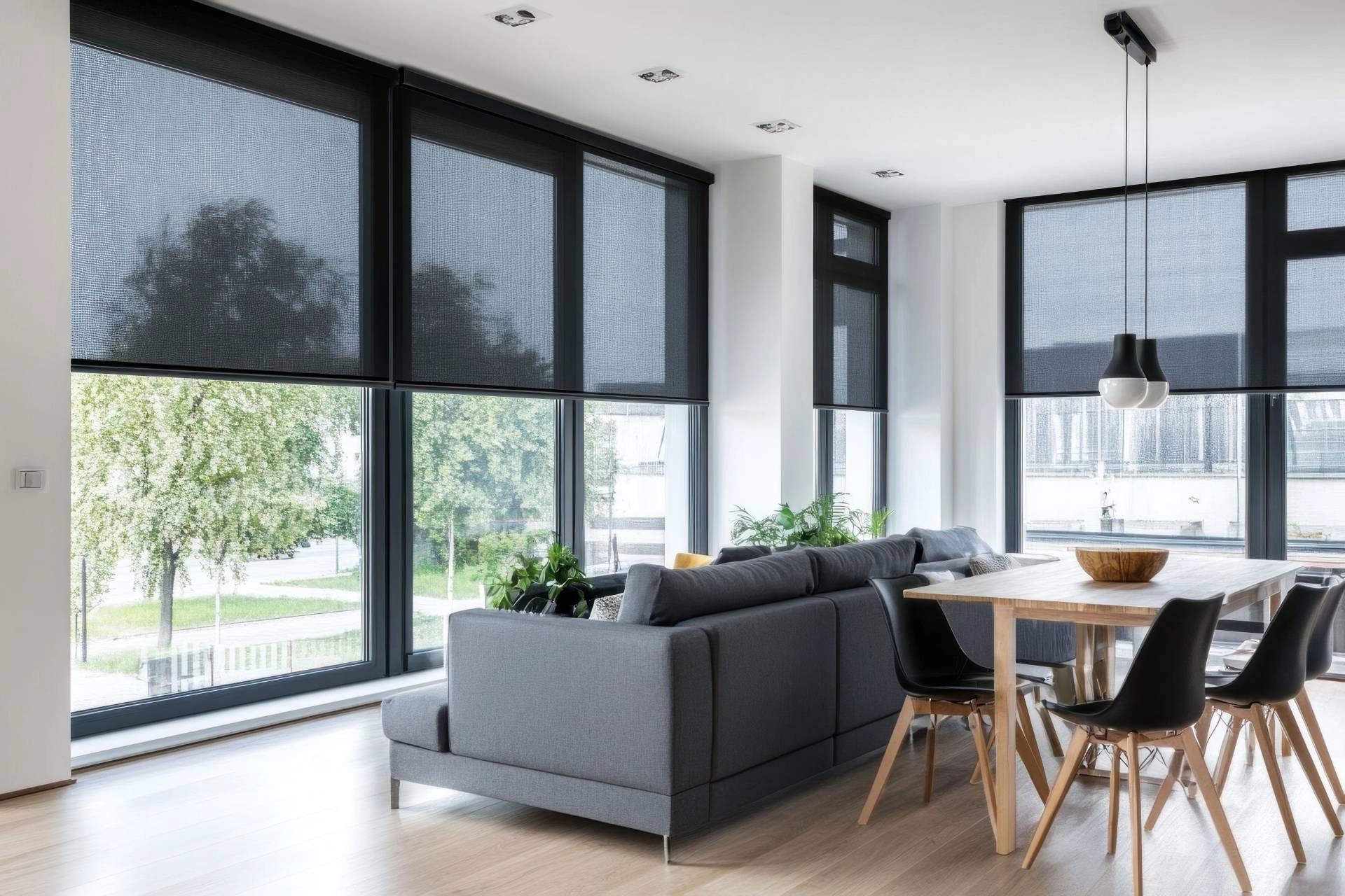 Automated roller shades in a combined living and dining room near Kailua-Kona, HI