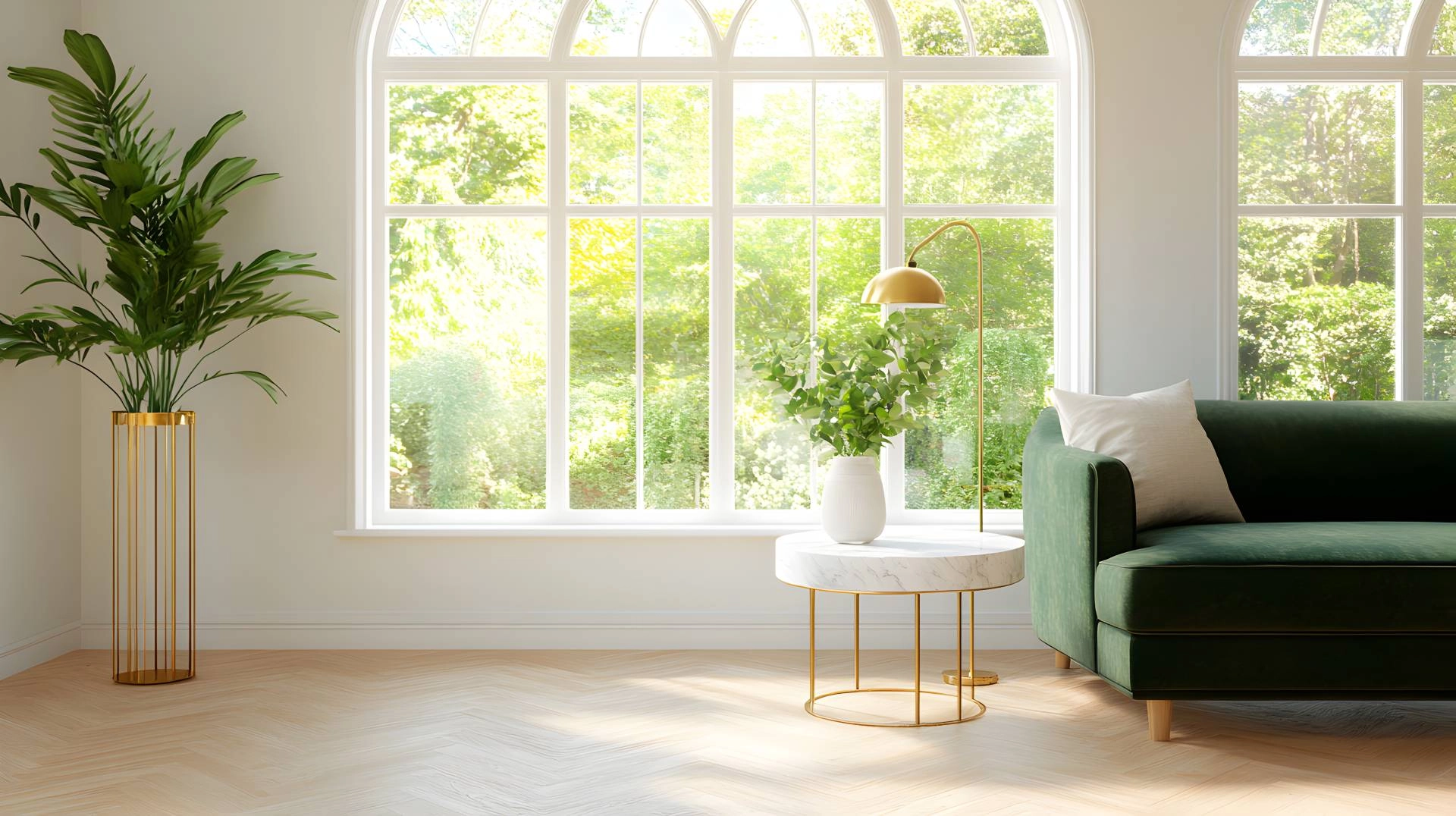 An arched window in a living room with modern aesthetics at Mr. K’s Fabric Shop near Quincy, IL
