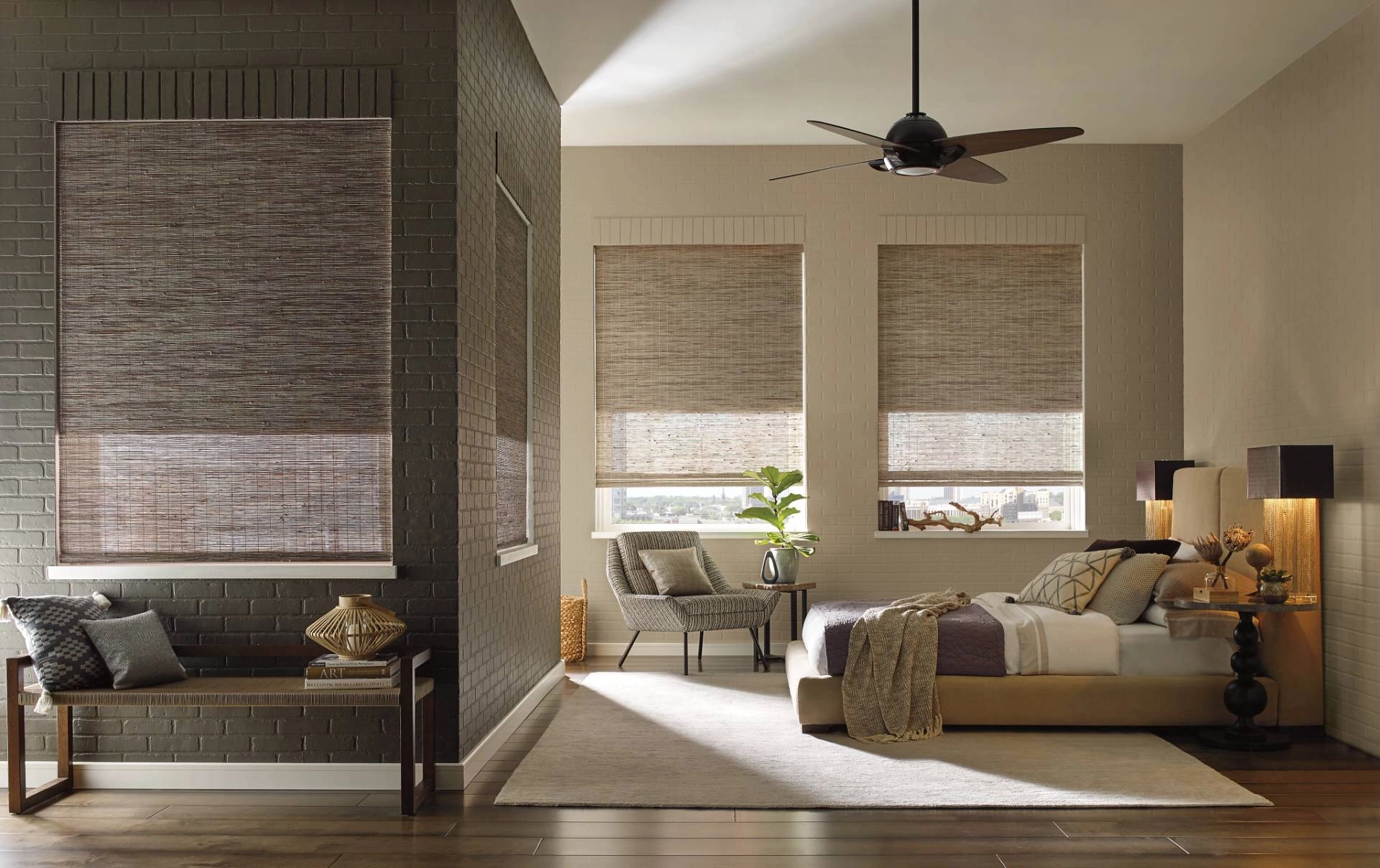 Professionally installed Proveneance® Woven Wood shades in a cozy bedroom near Newburgh, NY