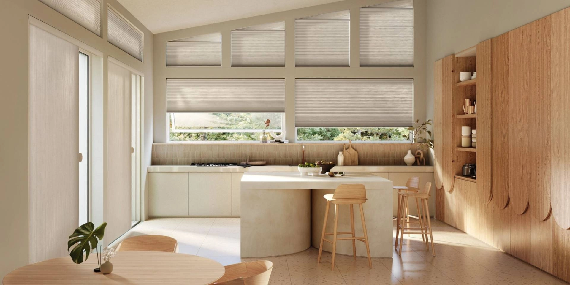 Hunter Douglas vertical cellular shades for a sliding glass door in a contemporary kitchen
