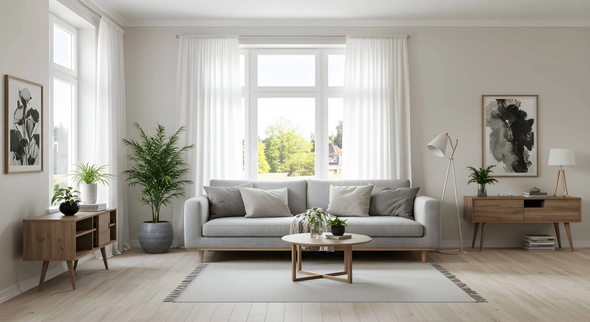 White custom drapery hanging on a window in a modern living room near Seneca and Greenville, SC.