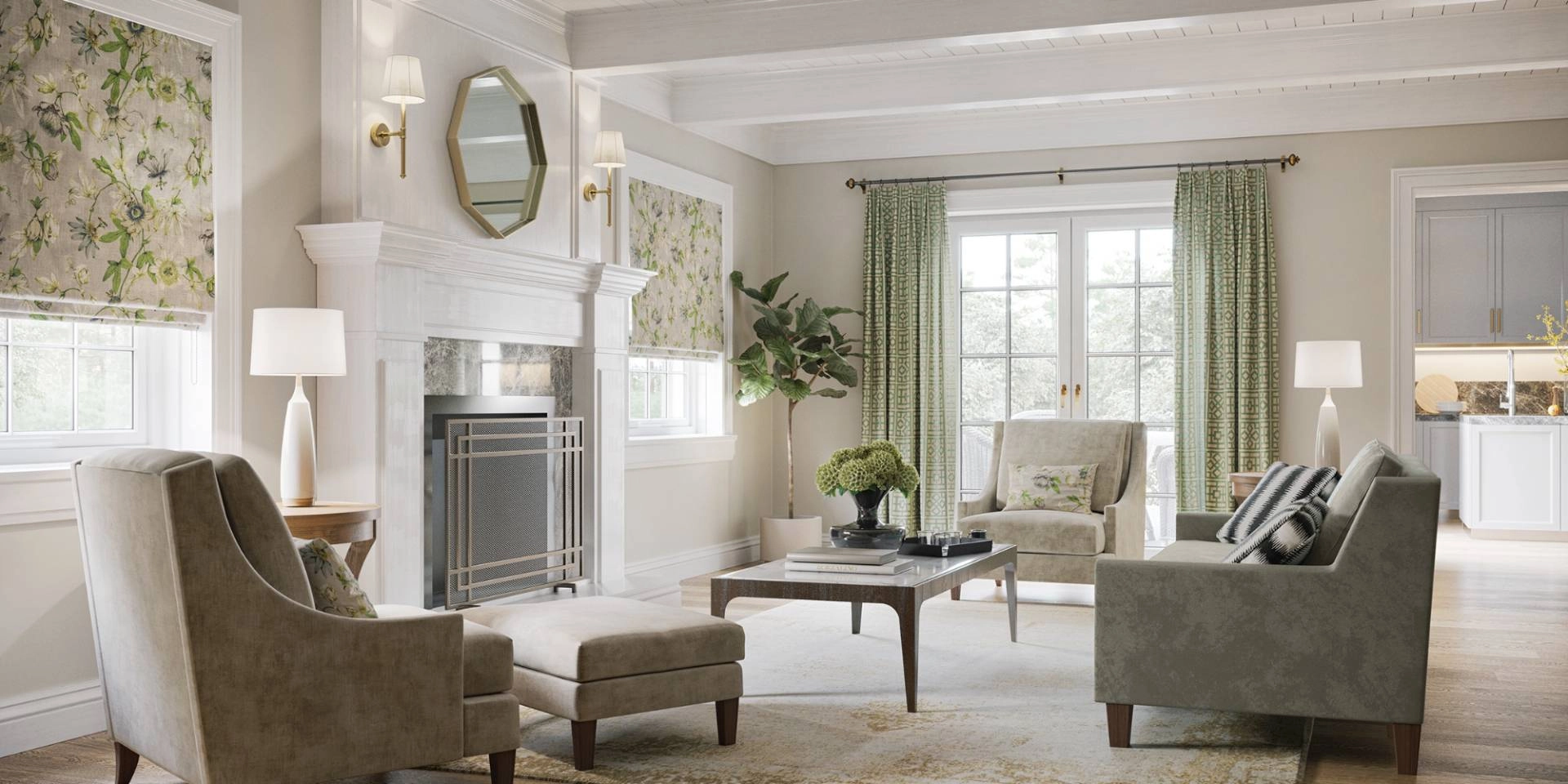 Patterened drapes and Roman shades as a creative concept in a stunning living room near Rehoboth Beach, DE
