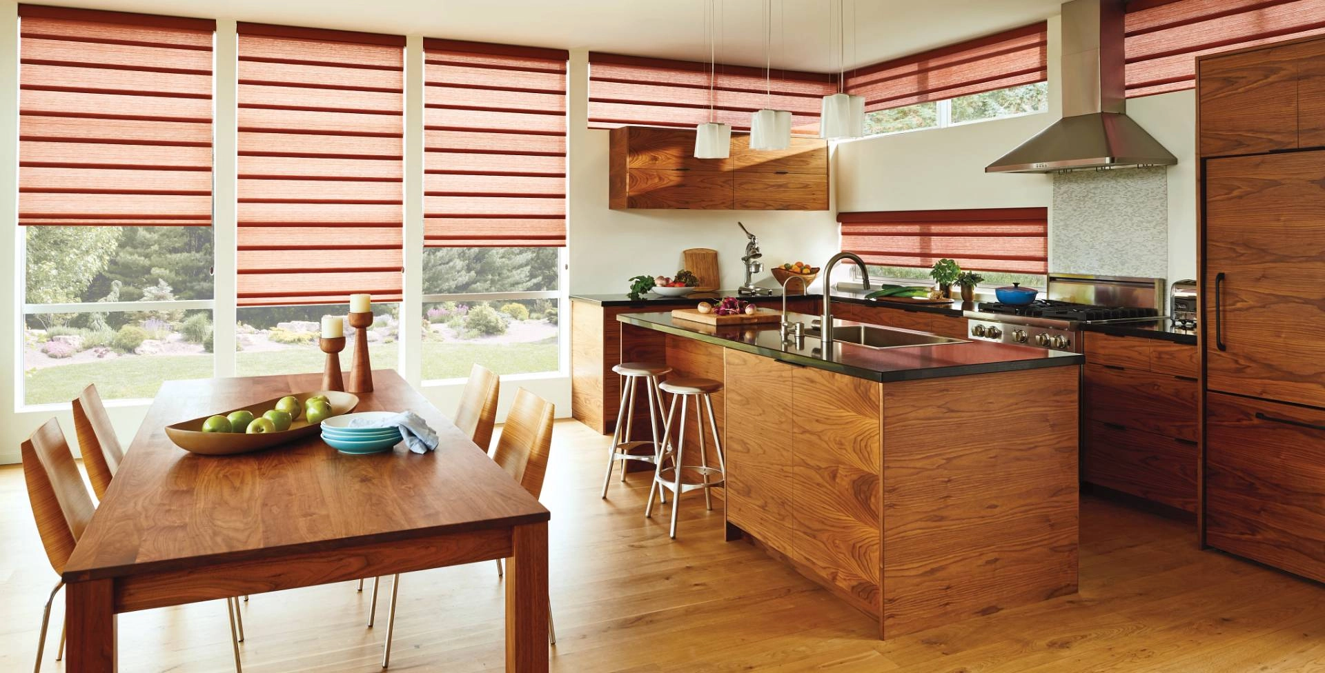Hunter Douglas Roman shades in a mid century modern kitchen near Gresham, OR