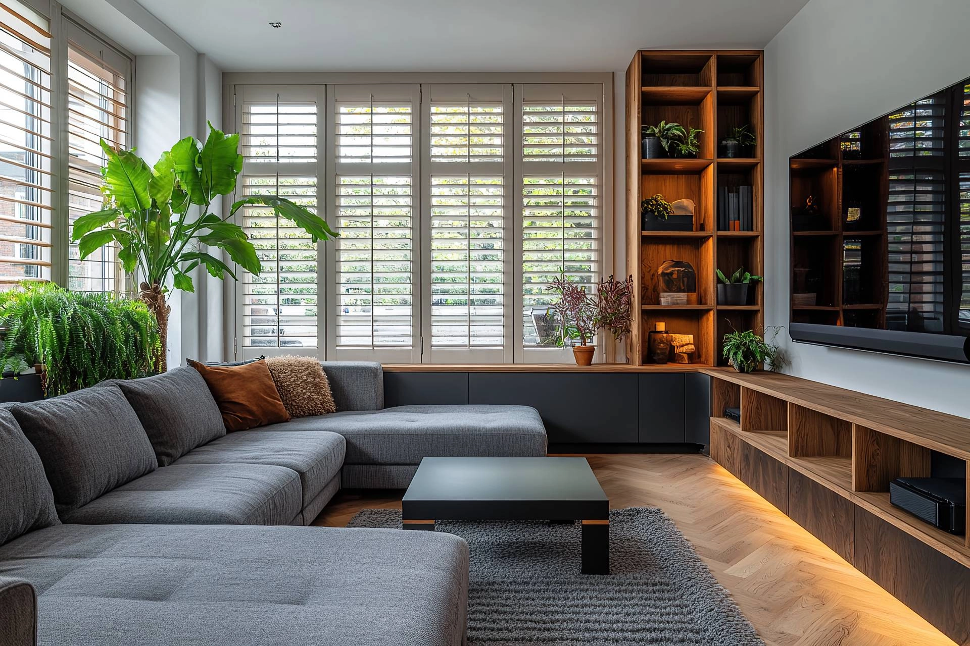 Hunter Douglas Parkland® Wood Blinds covering an arched living room window near Beaufort, NC