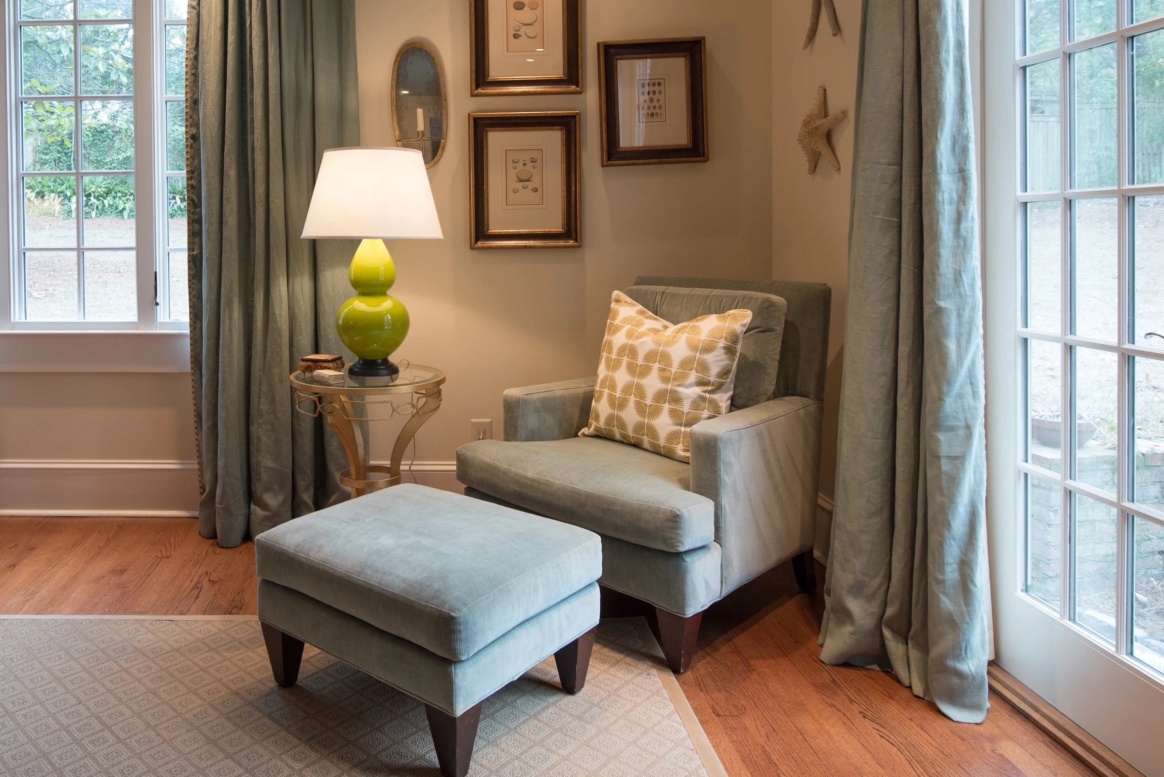 Windows with drapery.