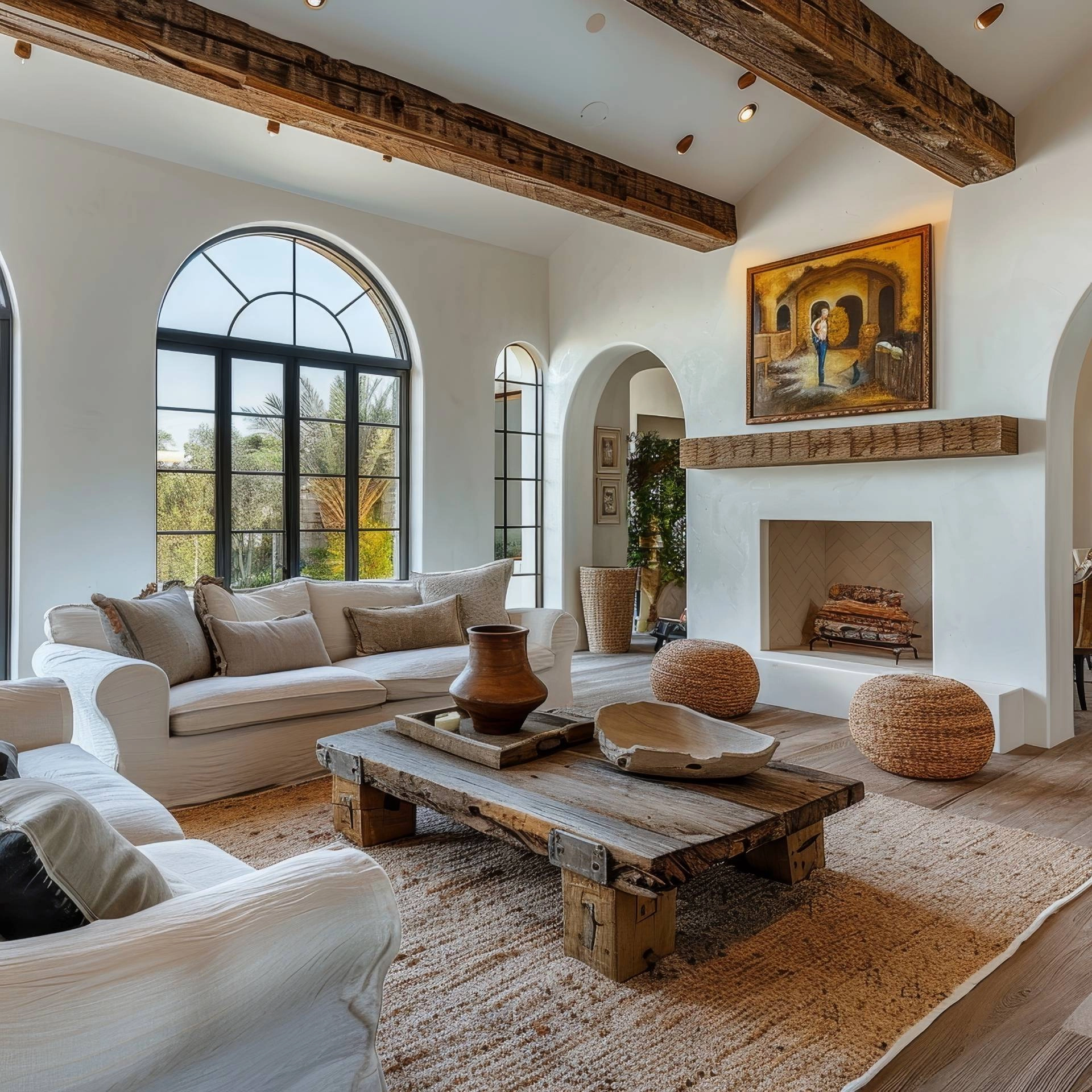 A modern Mediterranean living room with large windows that need window coverings near Arlington Heights, Illinois (IL)