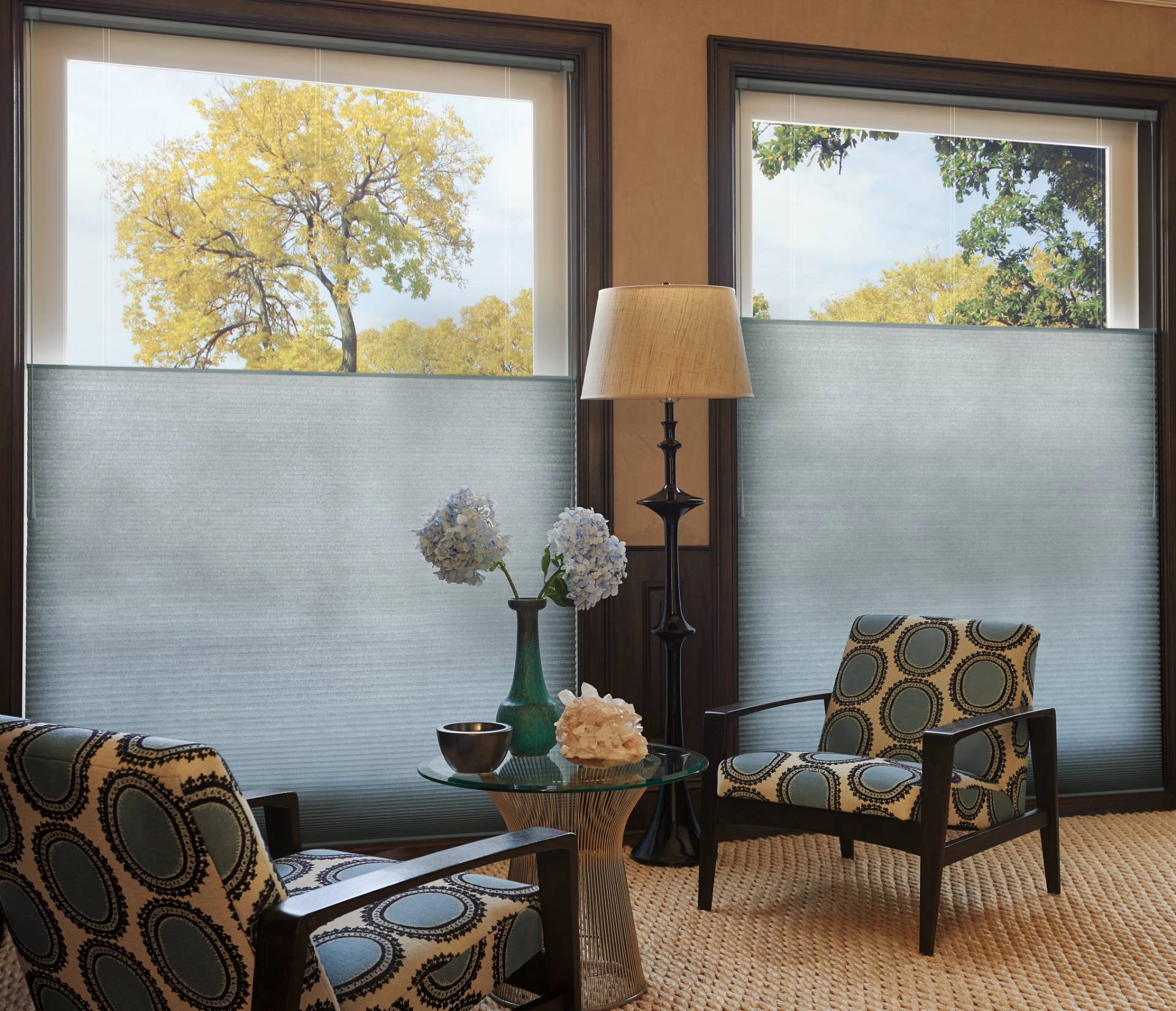 Hunter Douglas Duette® Cellular Shades covering two windows in a living room at E.D.'s Paint & Decorating near Lexington, SC.