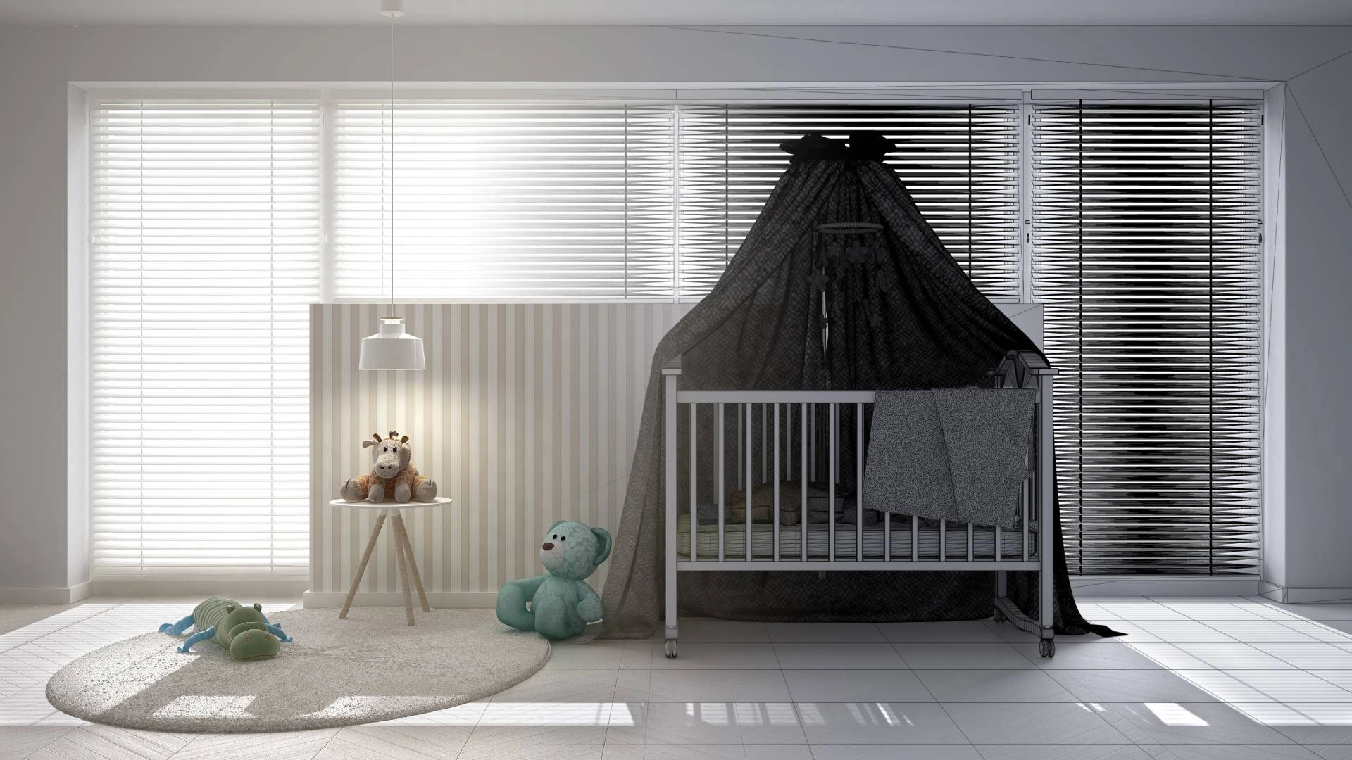 Custom window blinds blocking light in a well-furnished nursery.