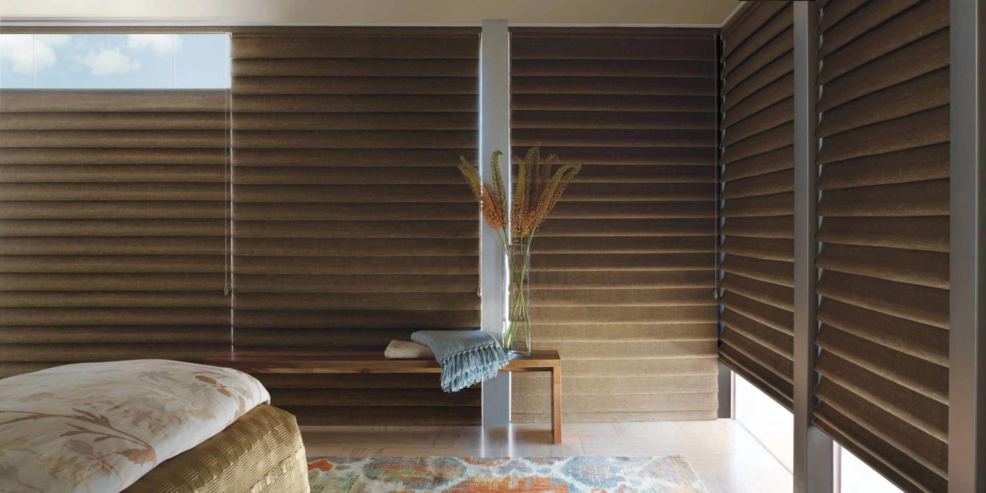 Hunter Douglas contemporary roman shades on several large windows in a cozy guest room