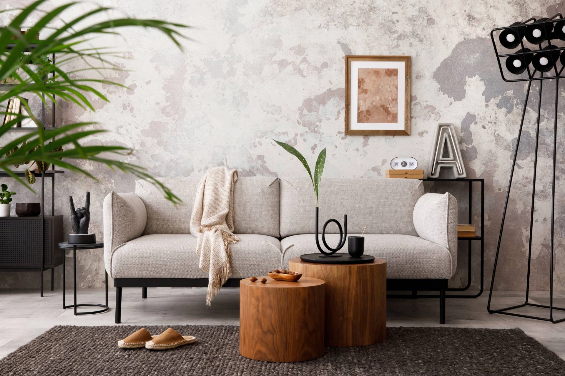 A living room with quality textured wallpaper in a chic and industrial interior design near Rehoboth Beach, DE