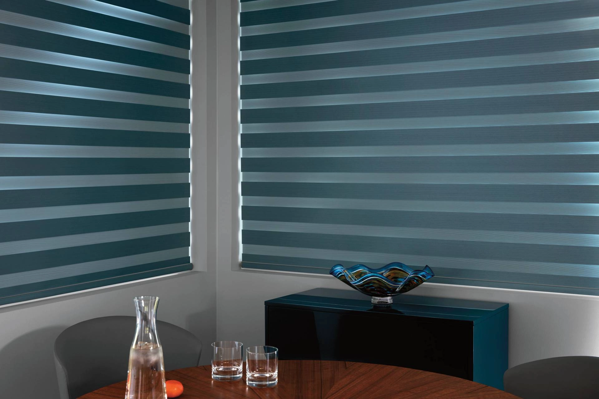 Hunter Douglas Banded Shades in a dining room in Wexford, PA.