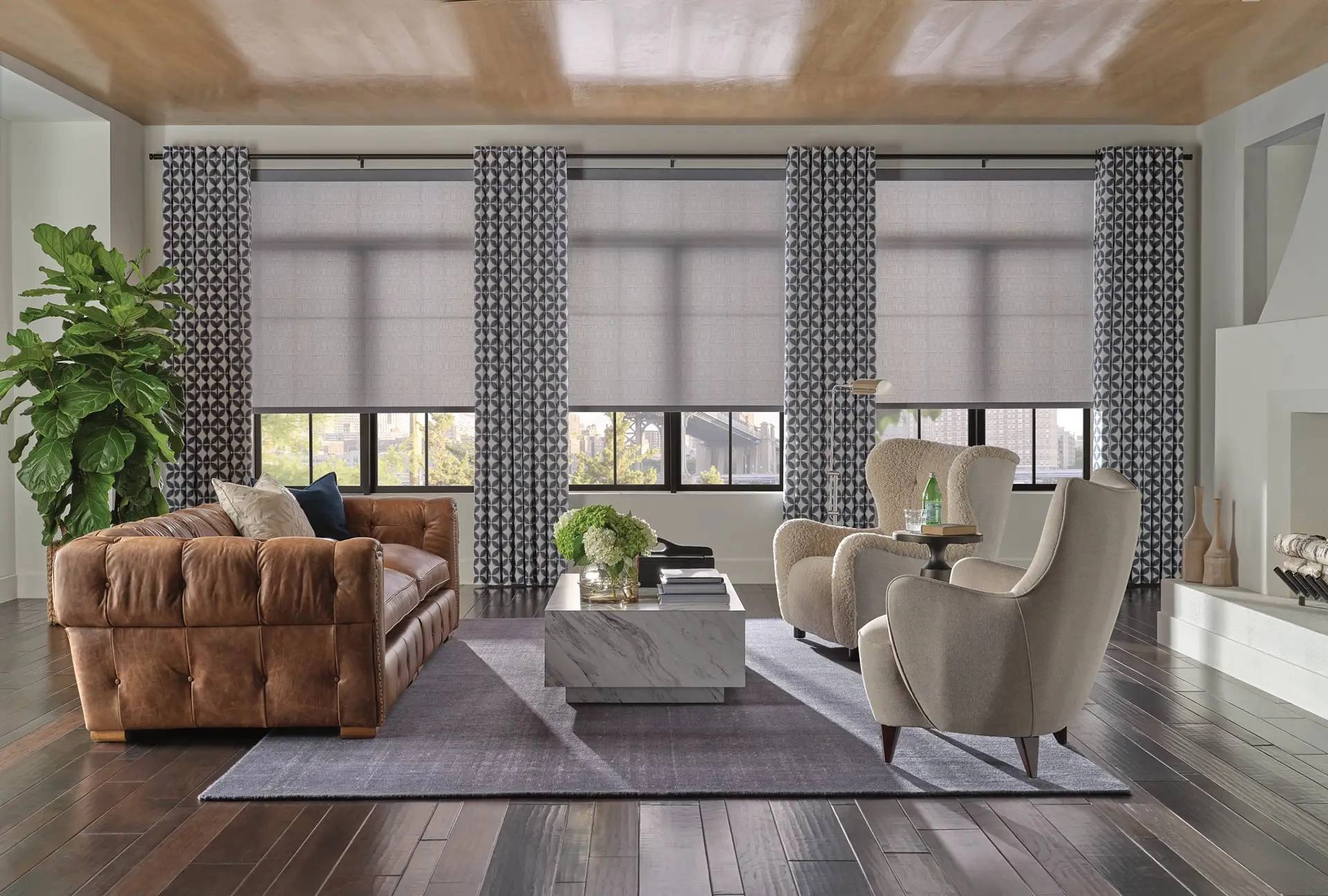 Hunter Douglas Designer Roller Shades with drapery near Denver, Colorado (CO)