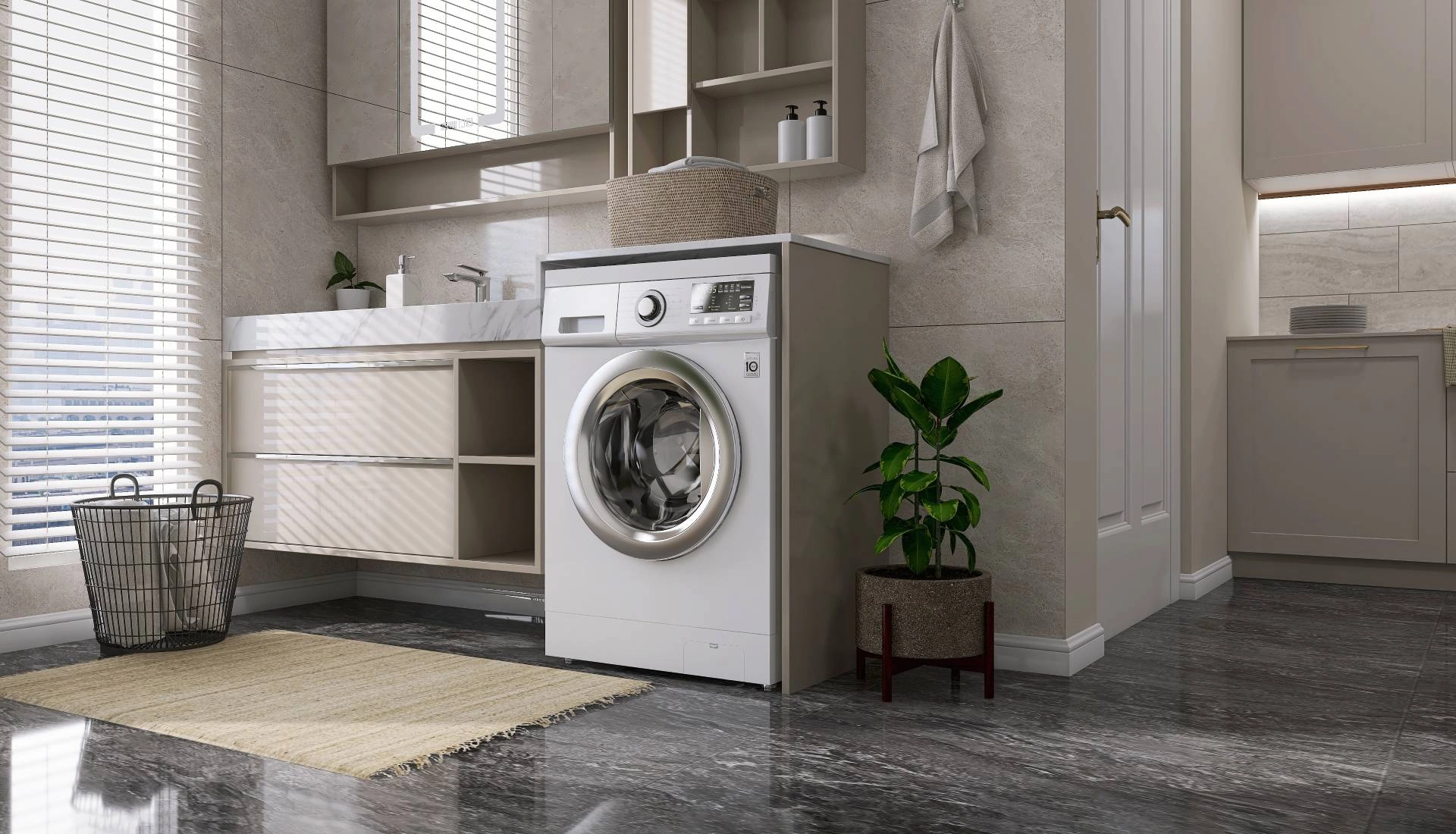 A chic and practical laundry room with blinds on a nearby window, overlooking a view