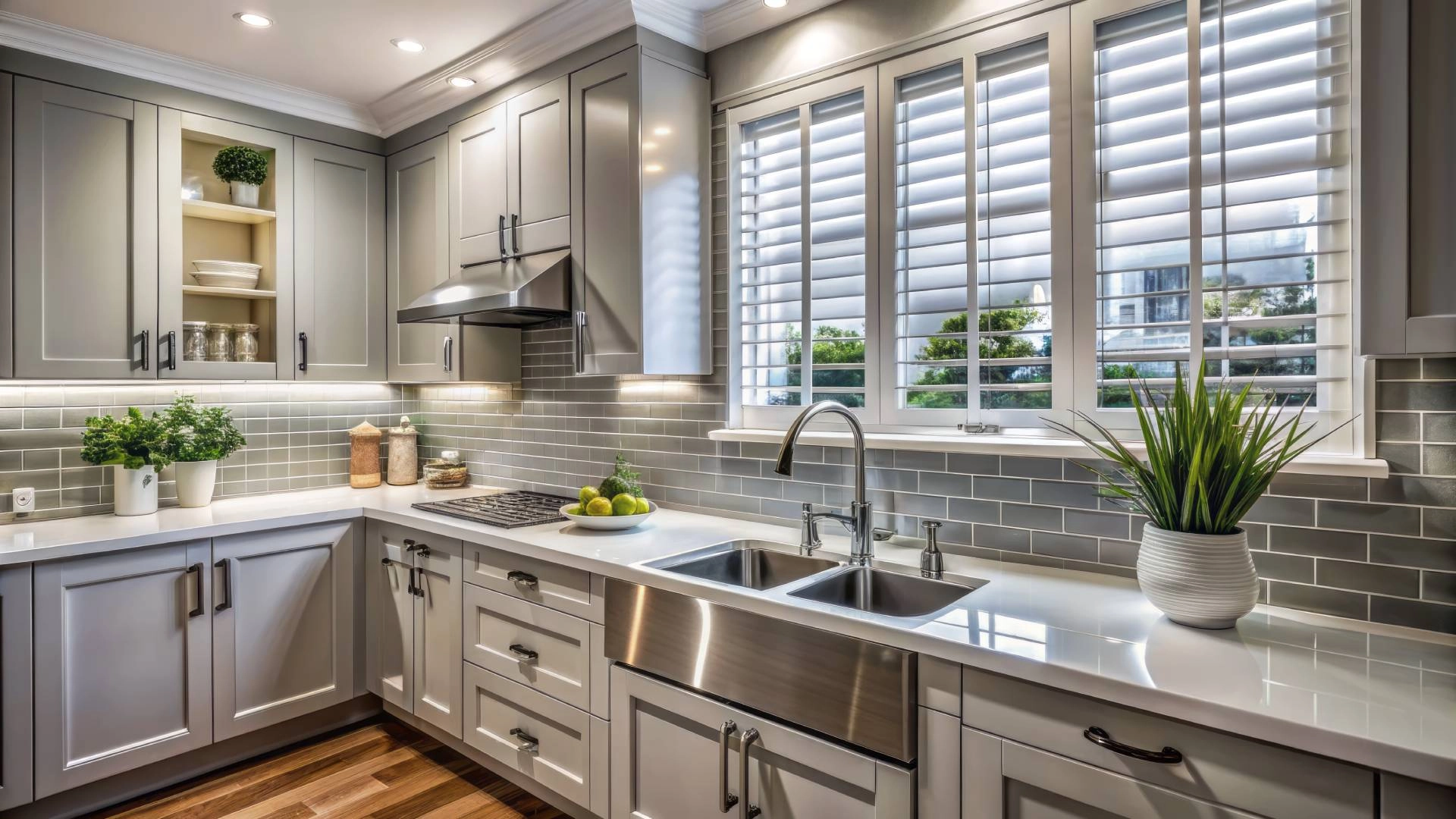 Modern kitchen with California shutters near Anaheim, CA.