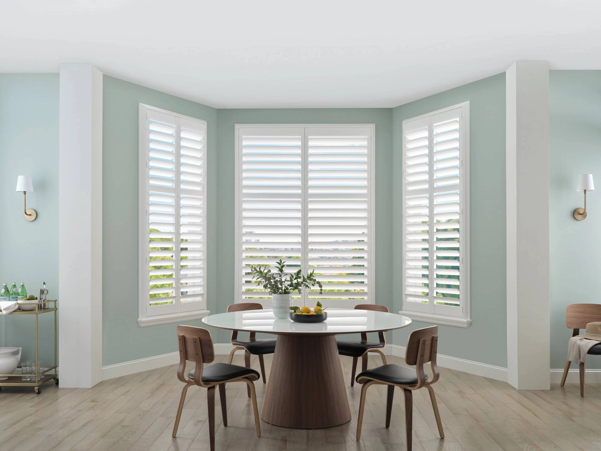 Hunter Douglas Palm Beach™ Polysatin™ Vinyl Shutters in a kitchen nook Newhall, CA