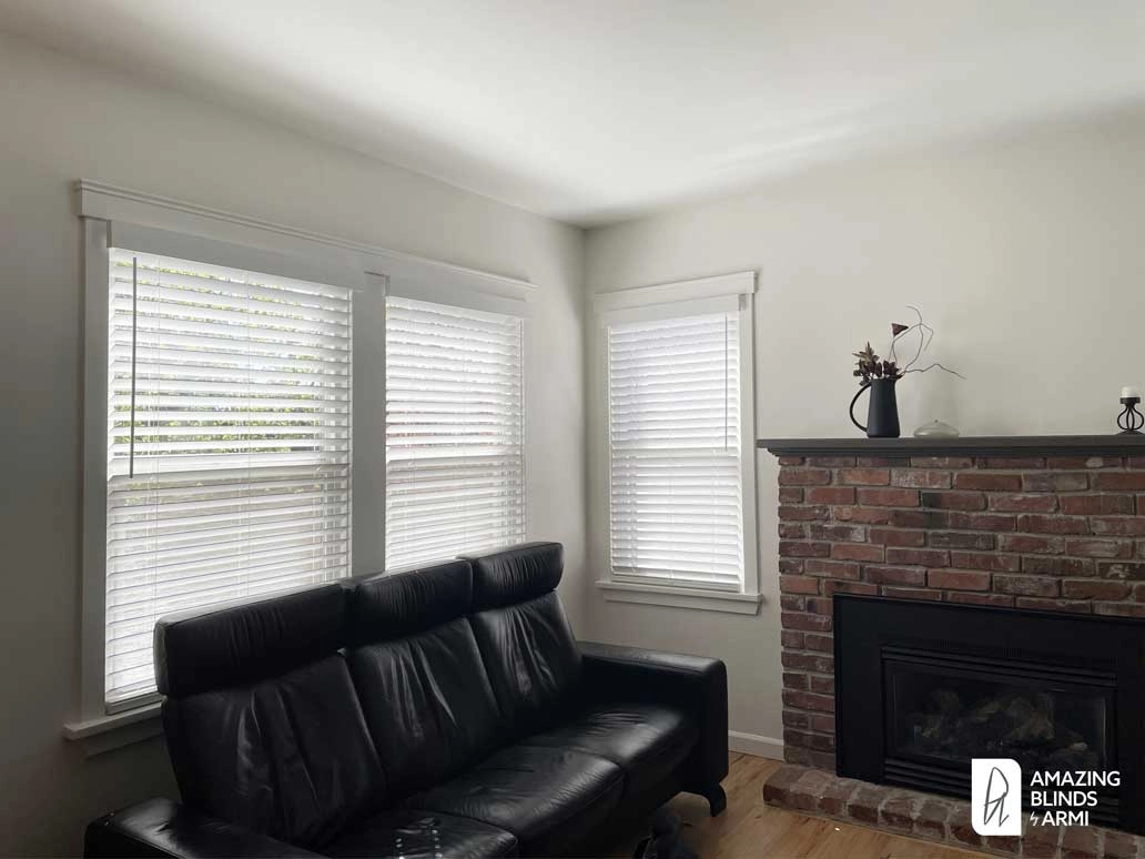 Living room windows with Hunter Douglas blinds.
