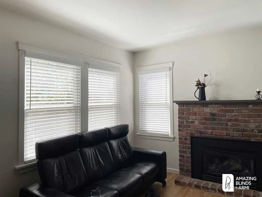 Living room windows with Hunter Douglas blinds.