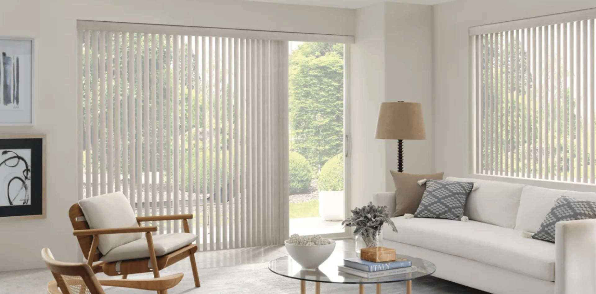Hunter Douglas vertical blinds in a modern living room near Mount Pleasant, SC.