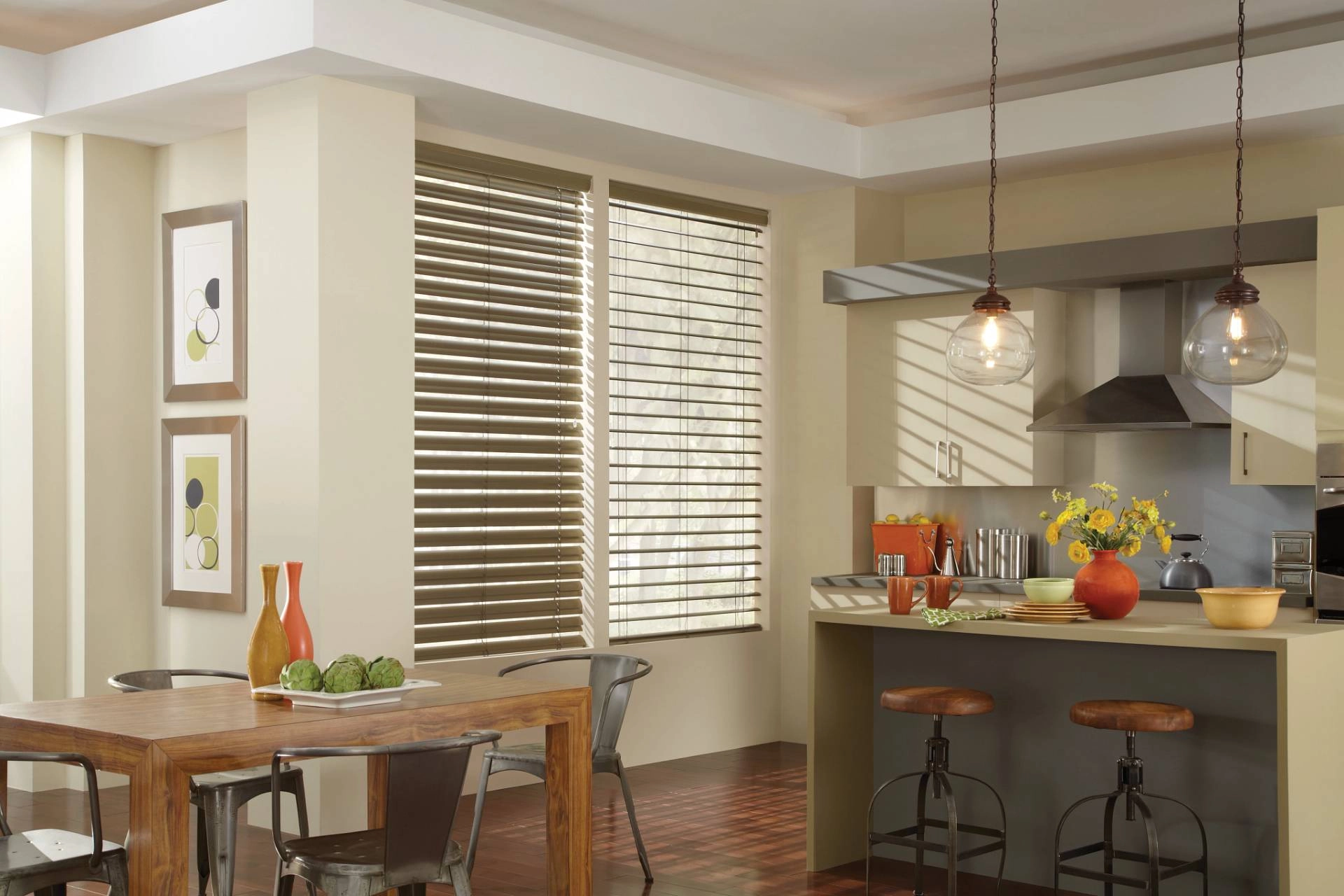 Hunter Douglas Modern Precious Metals® Mini Blinds in a modern kitchen.