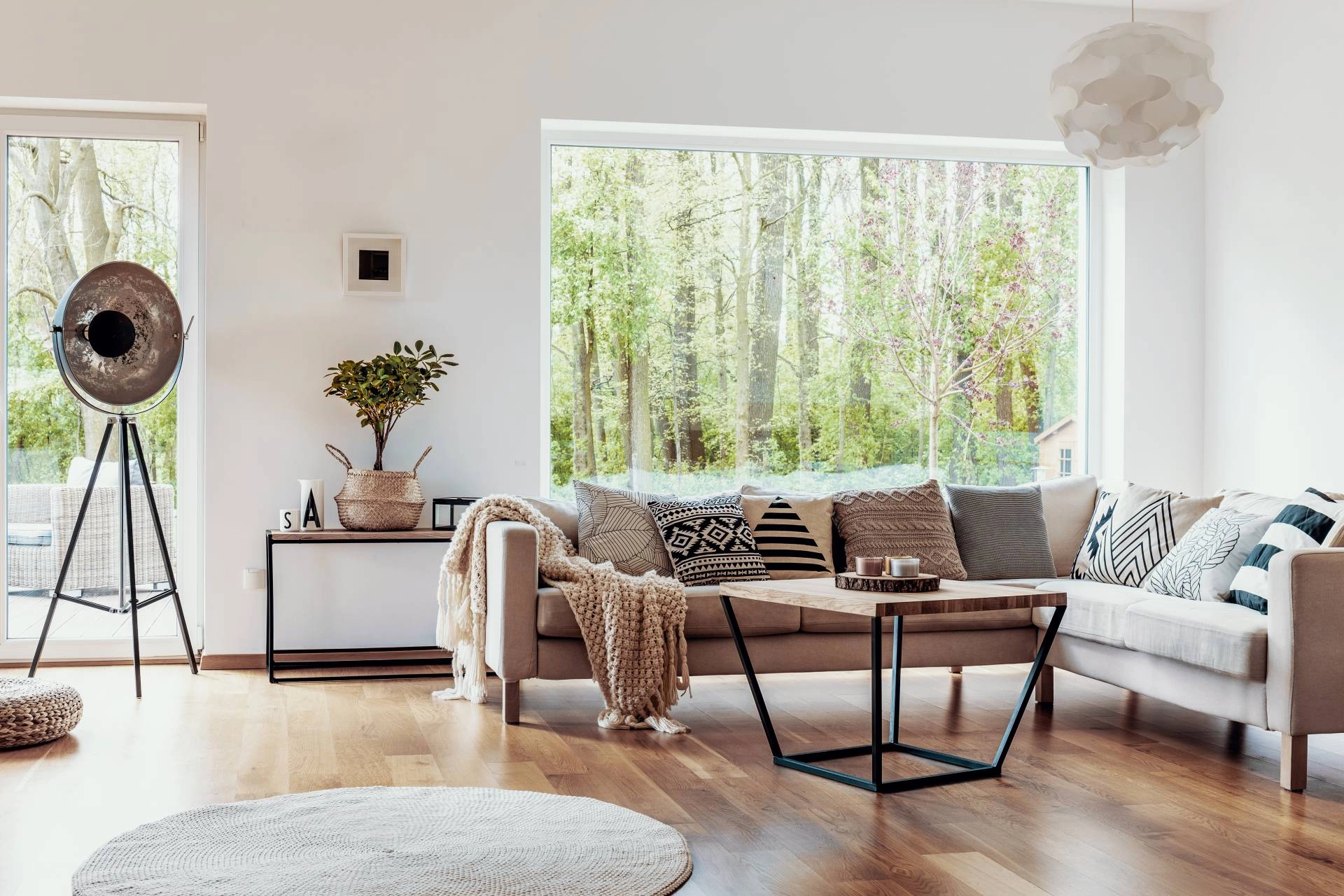 A large picture window in a cozy living room, overlooking greenery outside, in need of covering