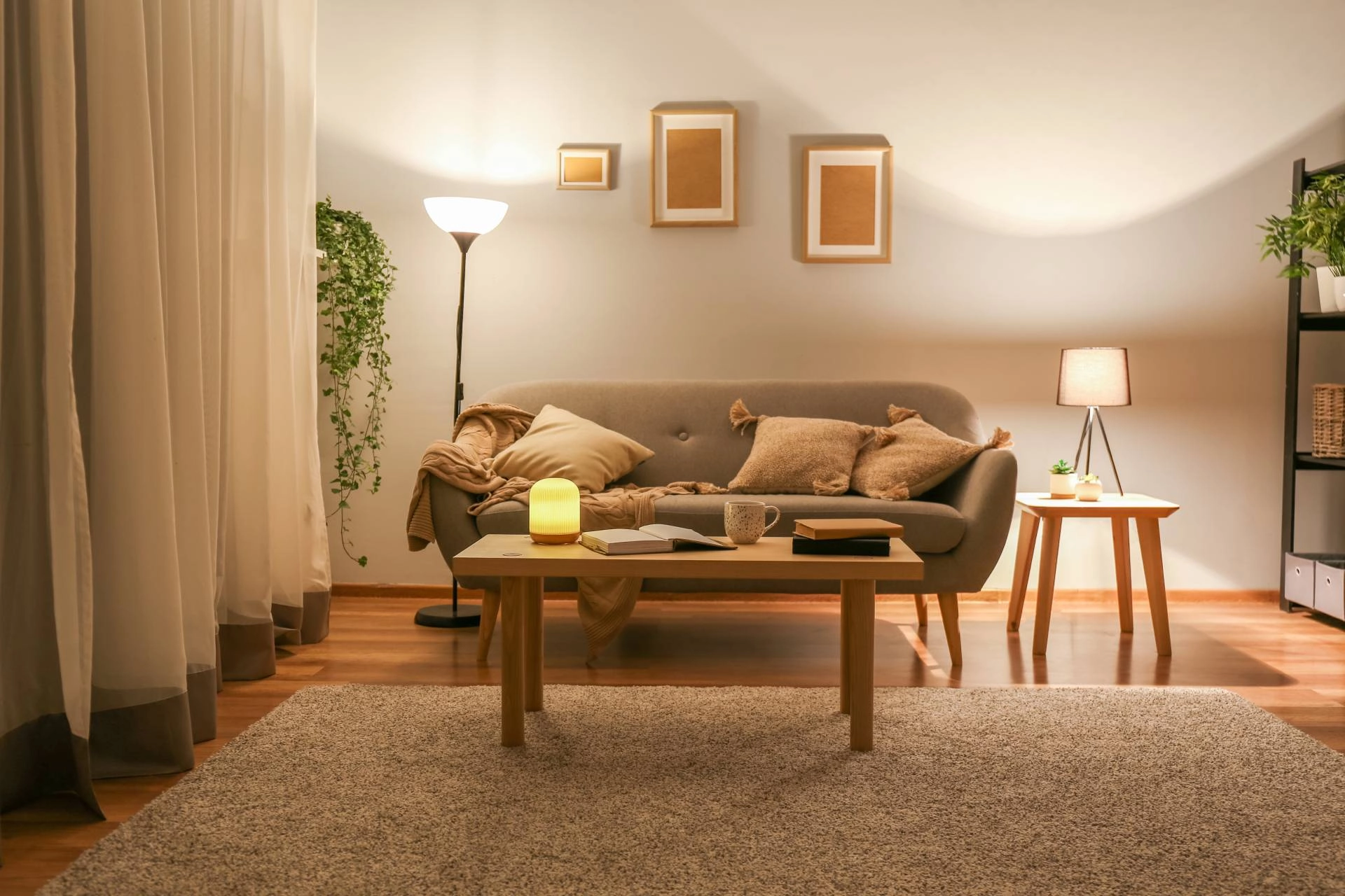 A stylish living room at night near Midway, Utah