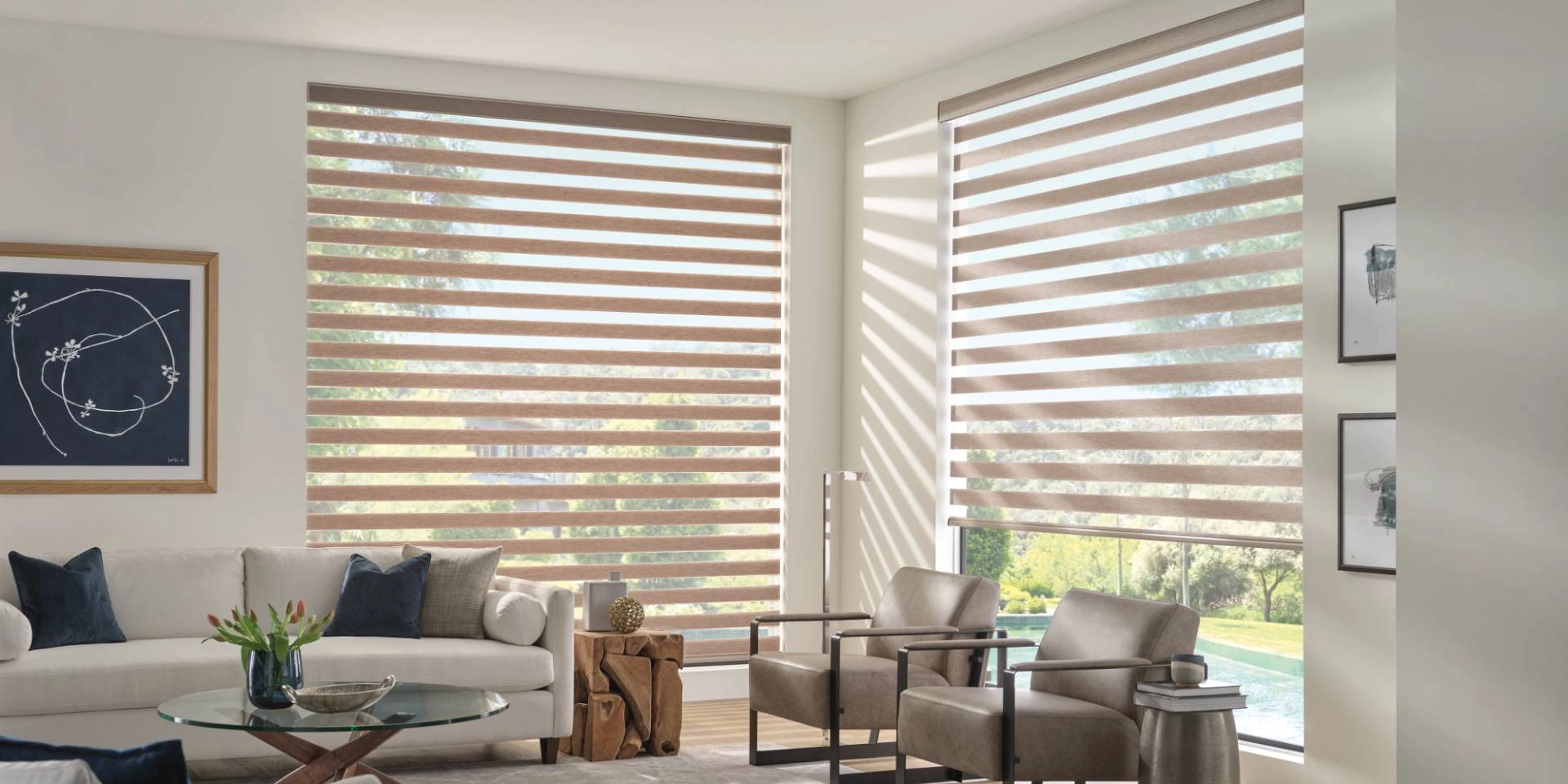 Hunter Douglas Designer Banded Shades, or zebra shades, on two large living room windows